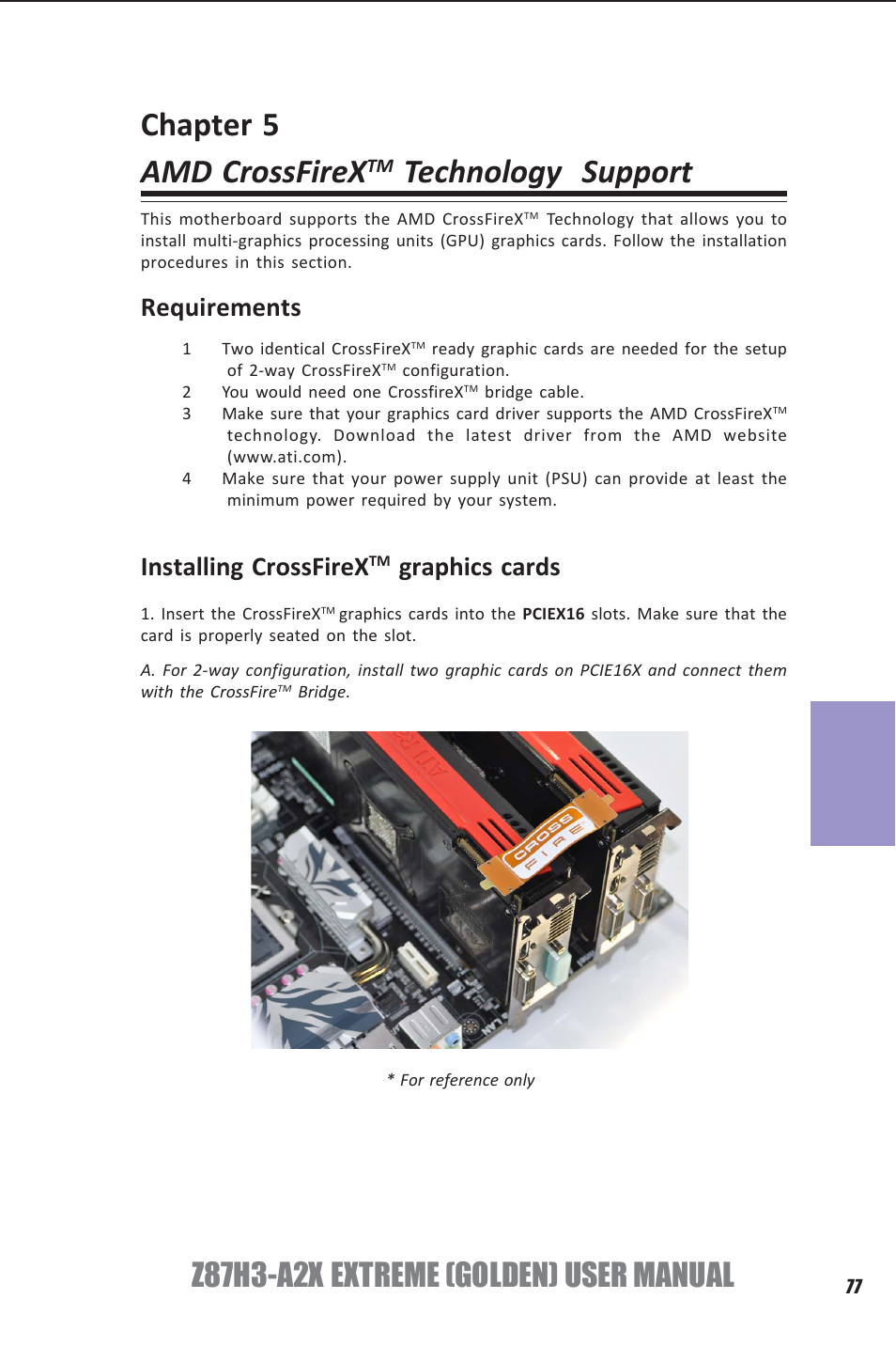 Chapter 5 amd crossfirex, Technology support, Z87h3-a2x extreme (golden) user manual | Chapter 5, Requirements, Installing crossfirex, Graphics cards | Elitegroup Z87H3-A2X GOLDEN (V1.0) User Manual | Page 83 / 104