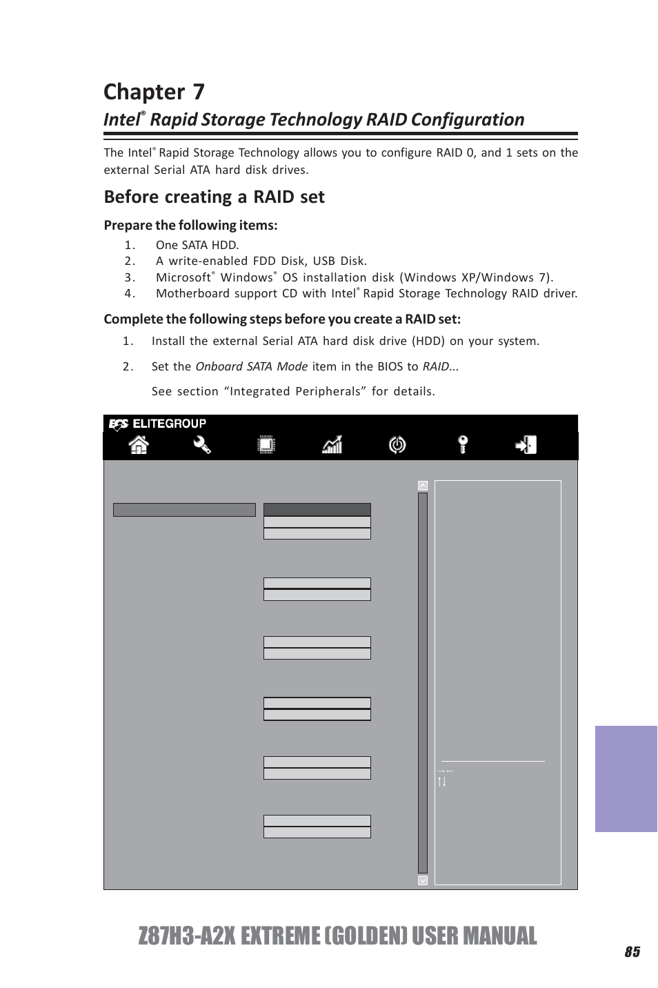 Z87h3-a2x extreme (golden) user manual, Chapter 7, Intel | Rapid storage technology raid configuration, Before creating a raid set | Elitegroup Z87H3-A2X GOLDEN (V1.0) User Manual | Page 91 / 104