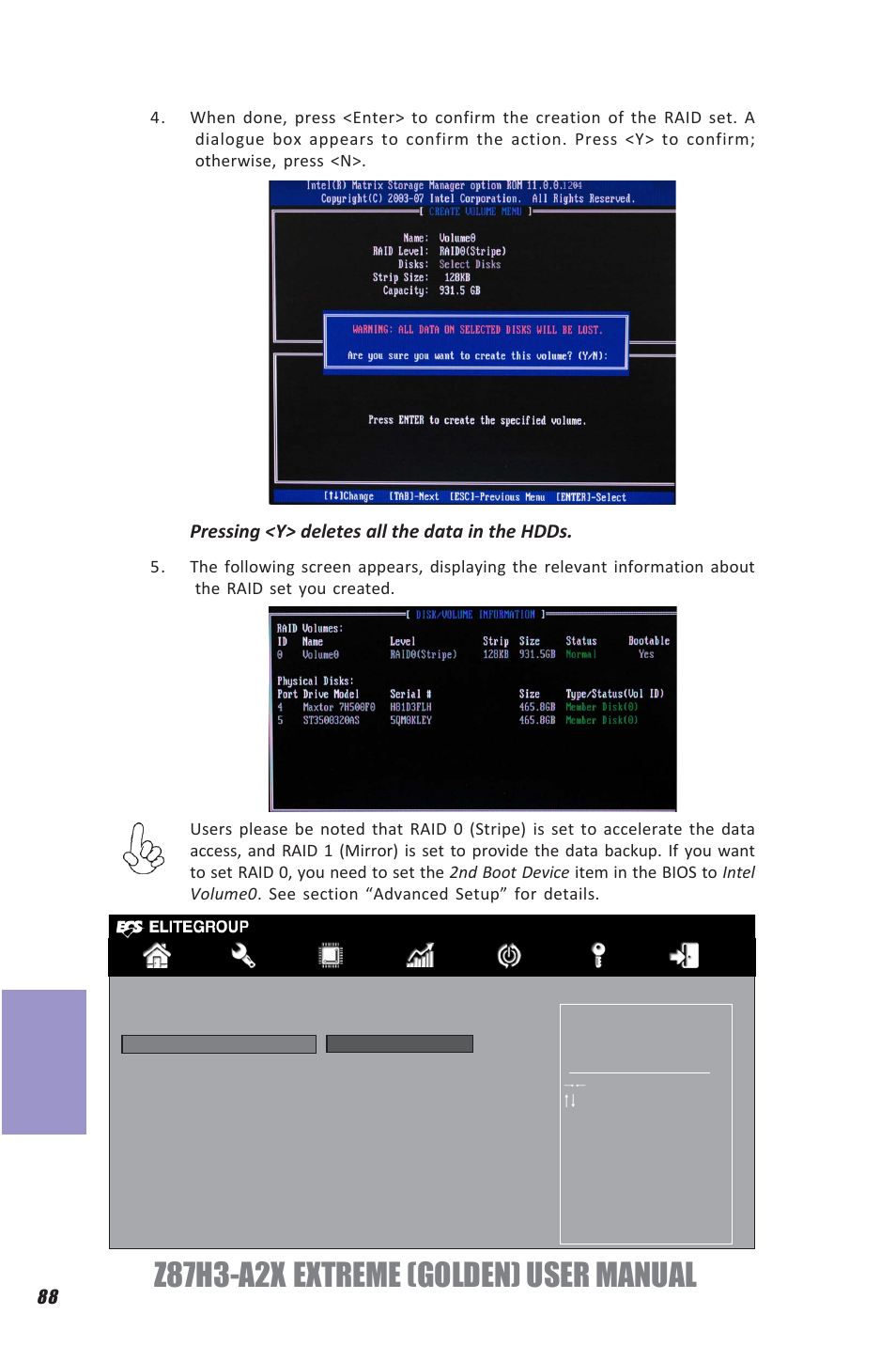 Z87h3-a2x extreme (golden) user manual, Chapter 7, Pressing <y> deletes all the data in the hdds | Elitegroup Z87H3-A2X GOLDEN (V1.0) User Manual | Page 94 / 104