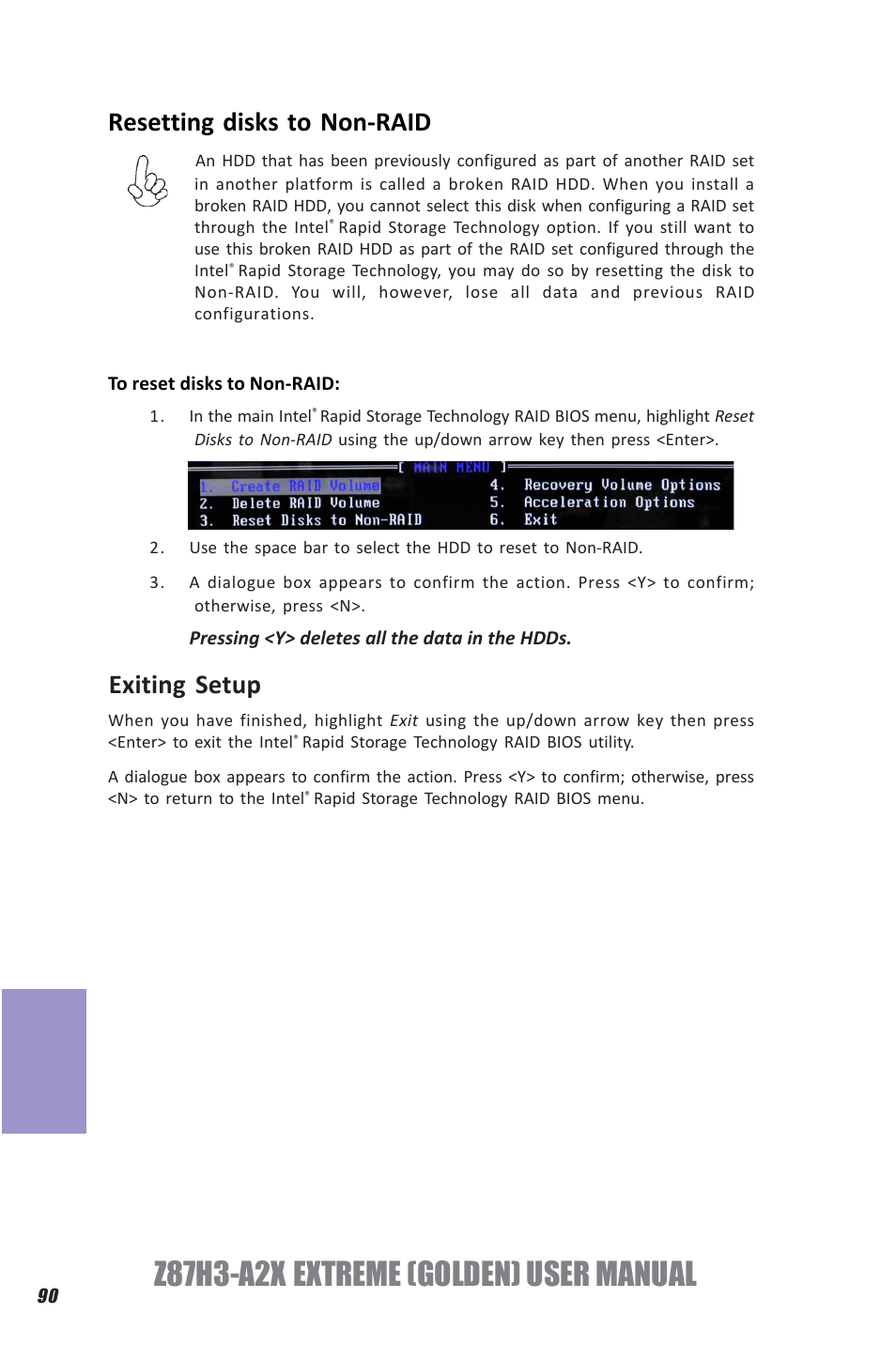 Z87h3-a2x extreme (golden) user manual, Chapter 7, Resetting disks to non-raid | Exiting setup | Elitegroup Z87H3-A2X GOLDEN (V1.0) User Manual | Page 96 / 104