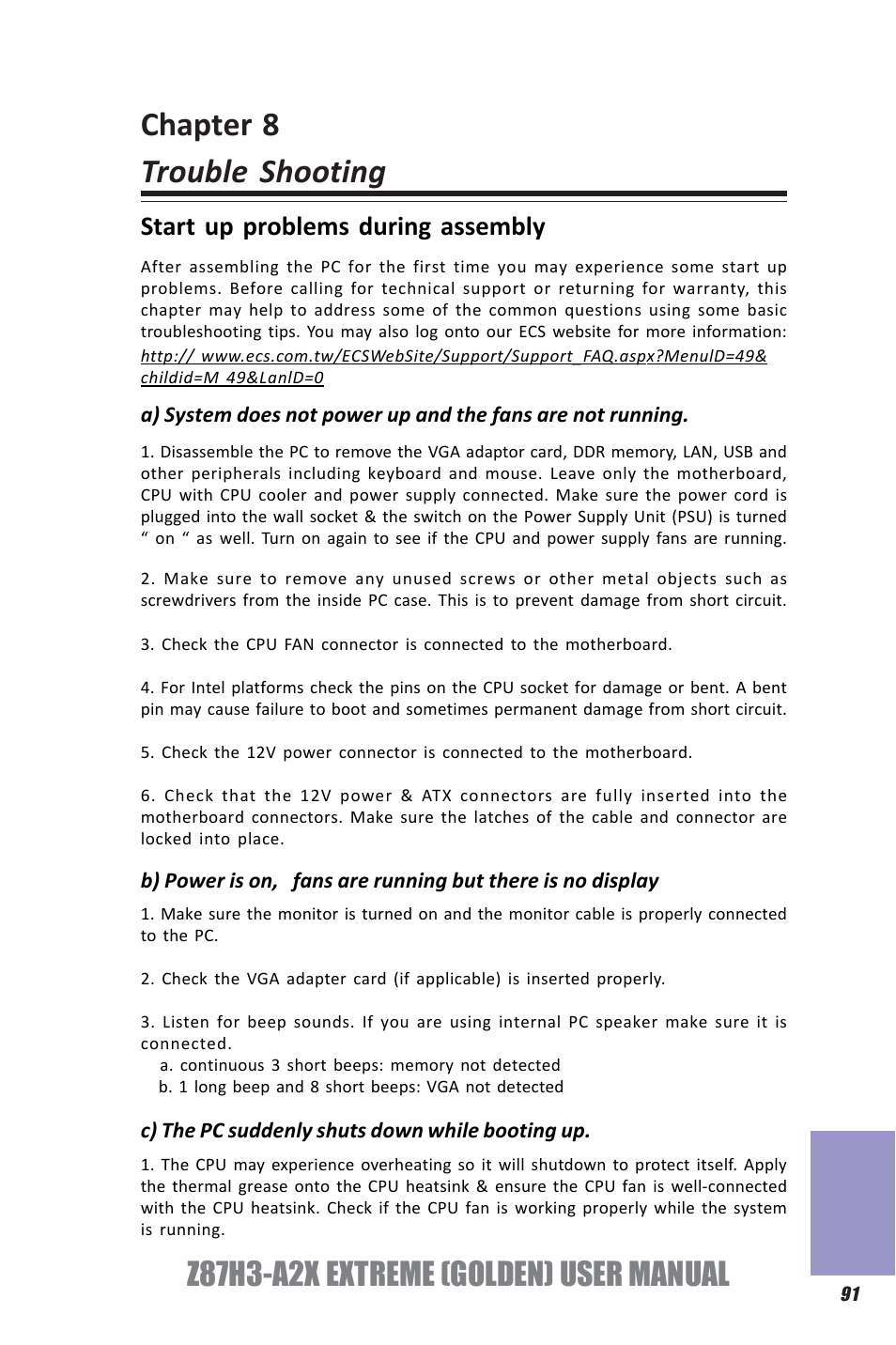 Chapter 8 trouble shooting, Z87h3-a2x extreme (golden) user manual, Chapter 8 | Start up problems during assembly | Elitegroup Z87H3-A2X GOLDEN (V1.0) User Manual | Page 97 / 104