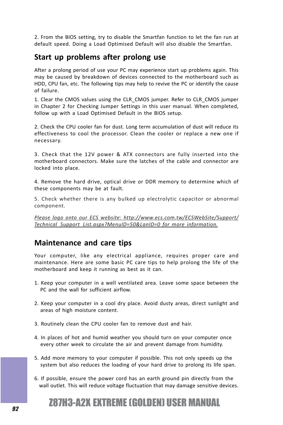 Z87h3-a2x extreme (golden) user manual, Chapter 8, Start up problems after prolong use | Maintenance and care tips | Elitegroup Z87H3-A2X GOLDEN (V1.0) User Manual | Page 98 / 104