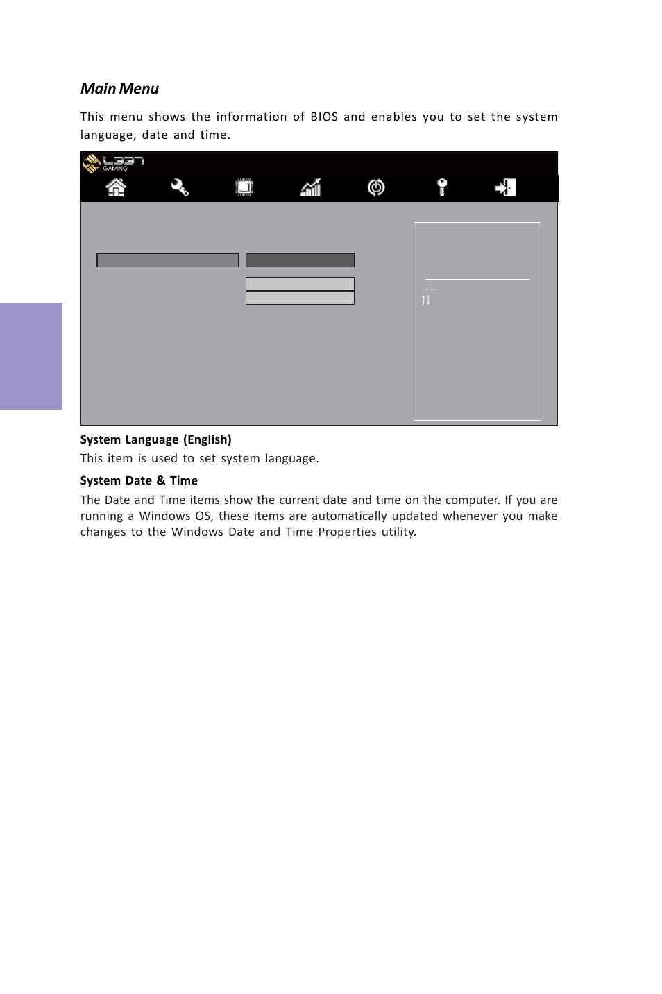 Z87h3-a3x user manual, Chapter 3, Main menu | Elitegroup Z87H3-A3X (V1.0) User Manual | Page 38 / 96