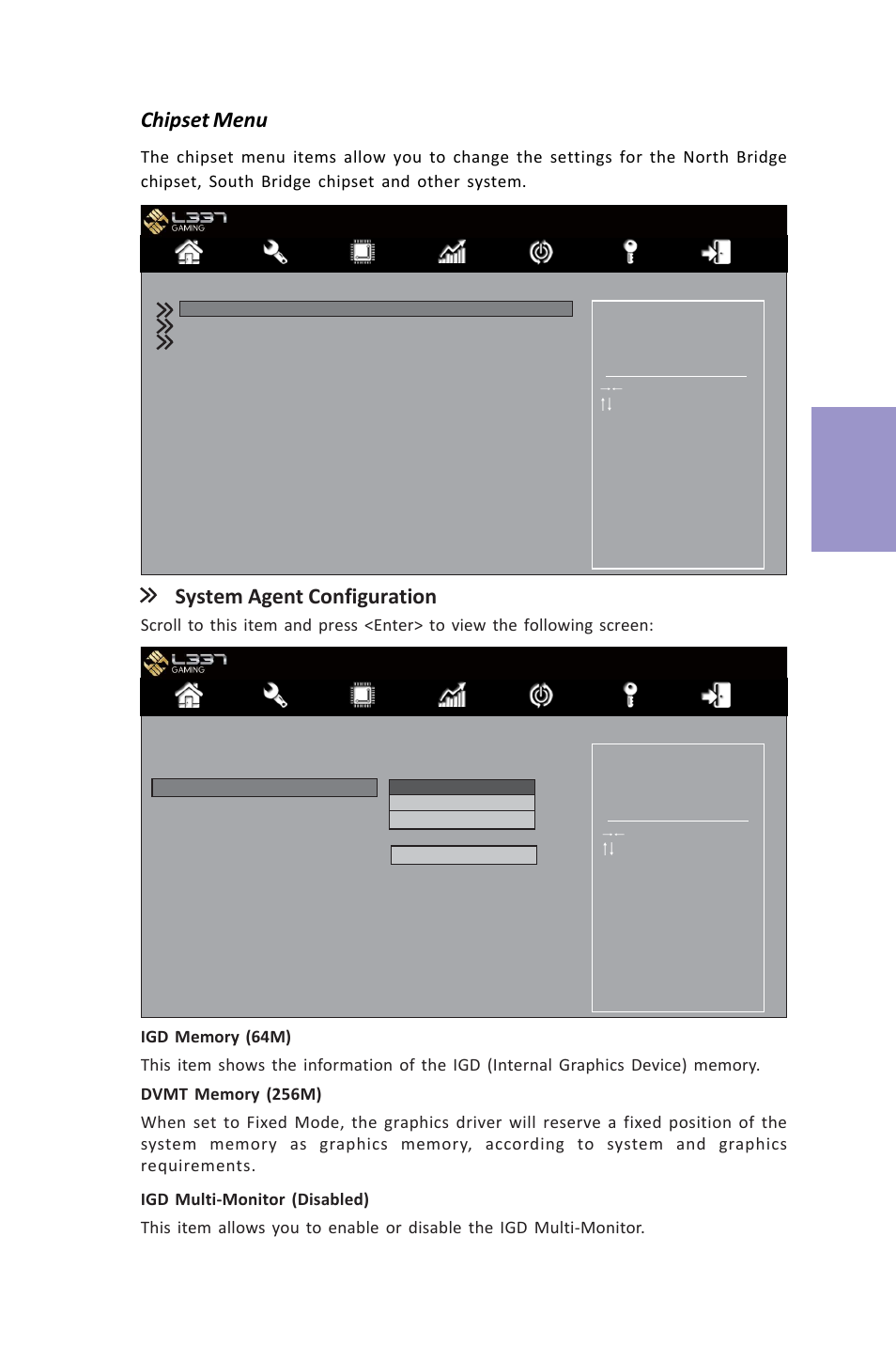 Z87h3-a3x user manual, Chapter 3, Chipset menu | System agent configuration | Elitegroup Z87H3-A3X (V1.0) User Manual | Page 53 / 96