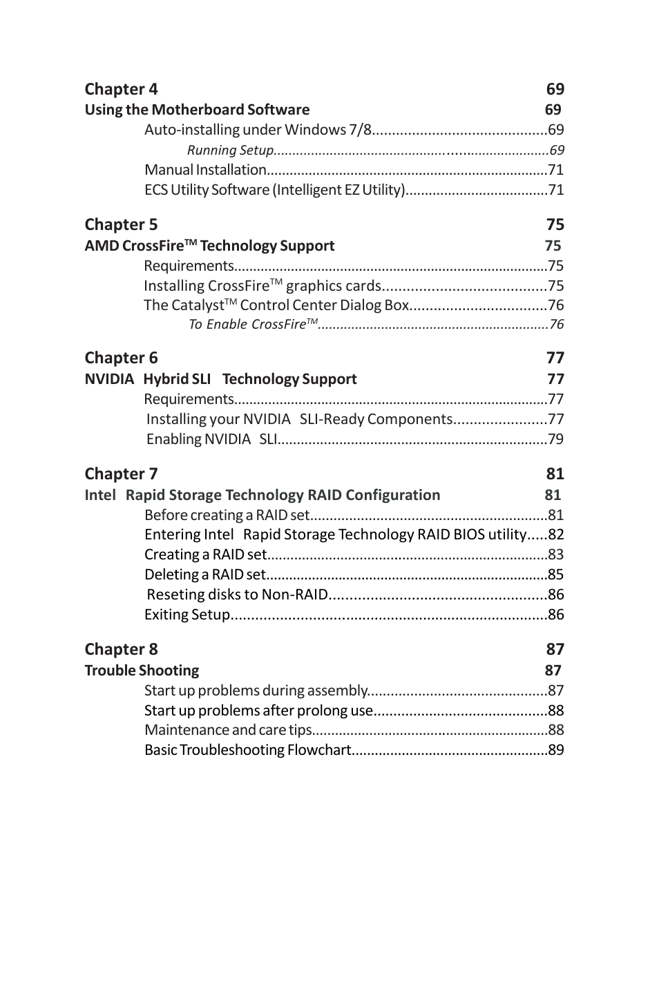 Z87h3-a3x user manual, Chapter 4 69, Chapter 6 77 | Chapter 5 75, Chapter 8 87, Chapter 7 81 | Elitegroup Z87H3-A3X (V1.0) User Manual | Page 6 / 96