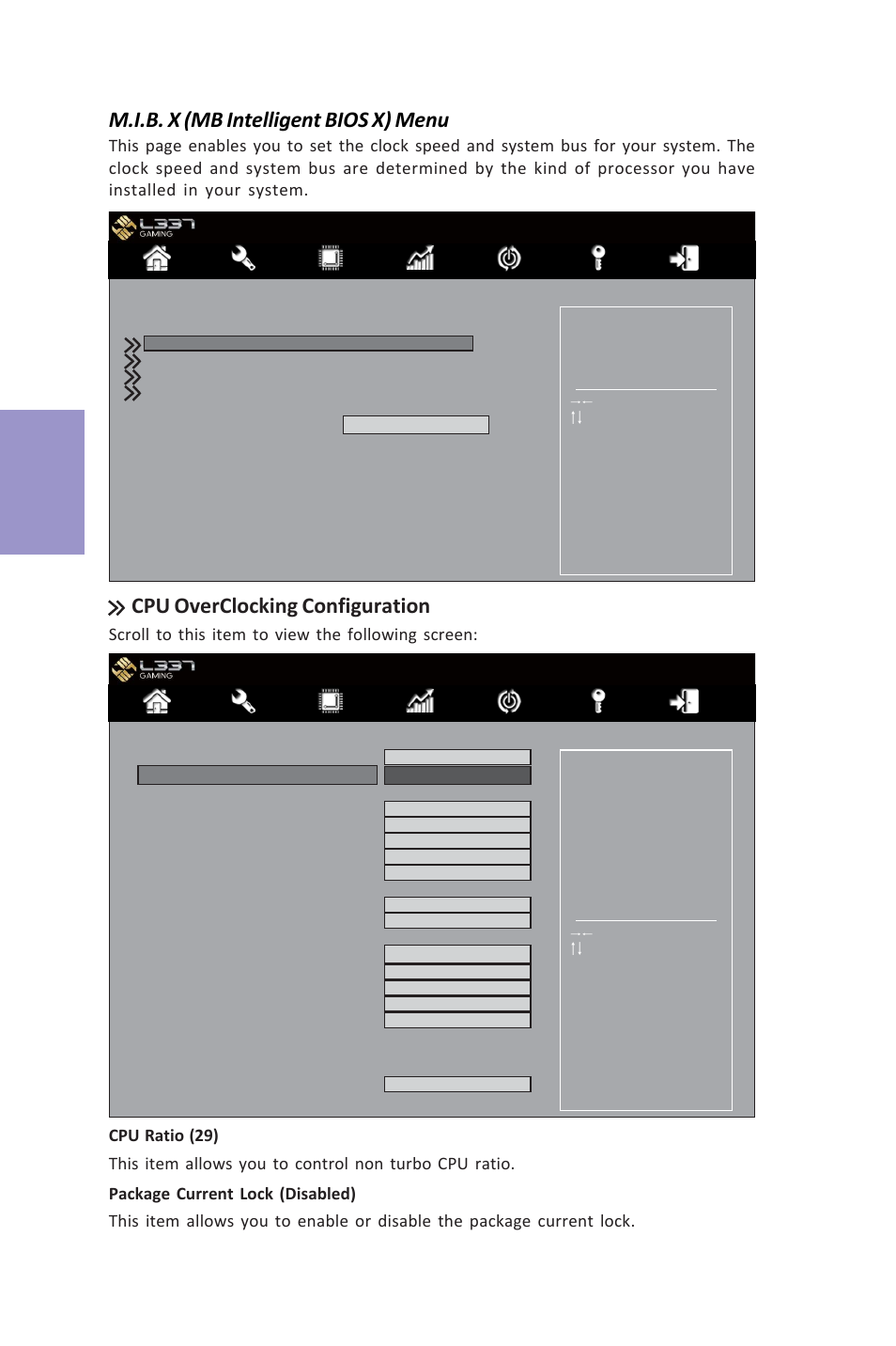 Z87h3-a3x user manual, Chapter 3, M.i.b. x (mb intelligent bios x) menu | Cpu overclocking configuration, Scroll to this item to view the following screen | Elitegroup Z87H3-A3X (V1.0) User Manual | Page 60 / 96