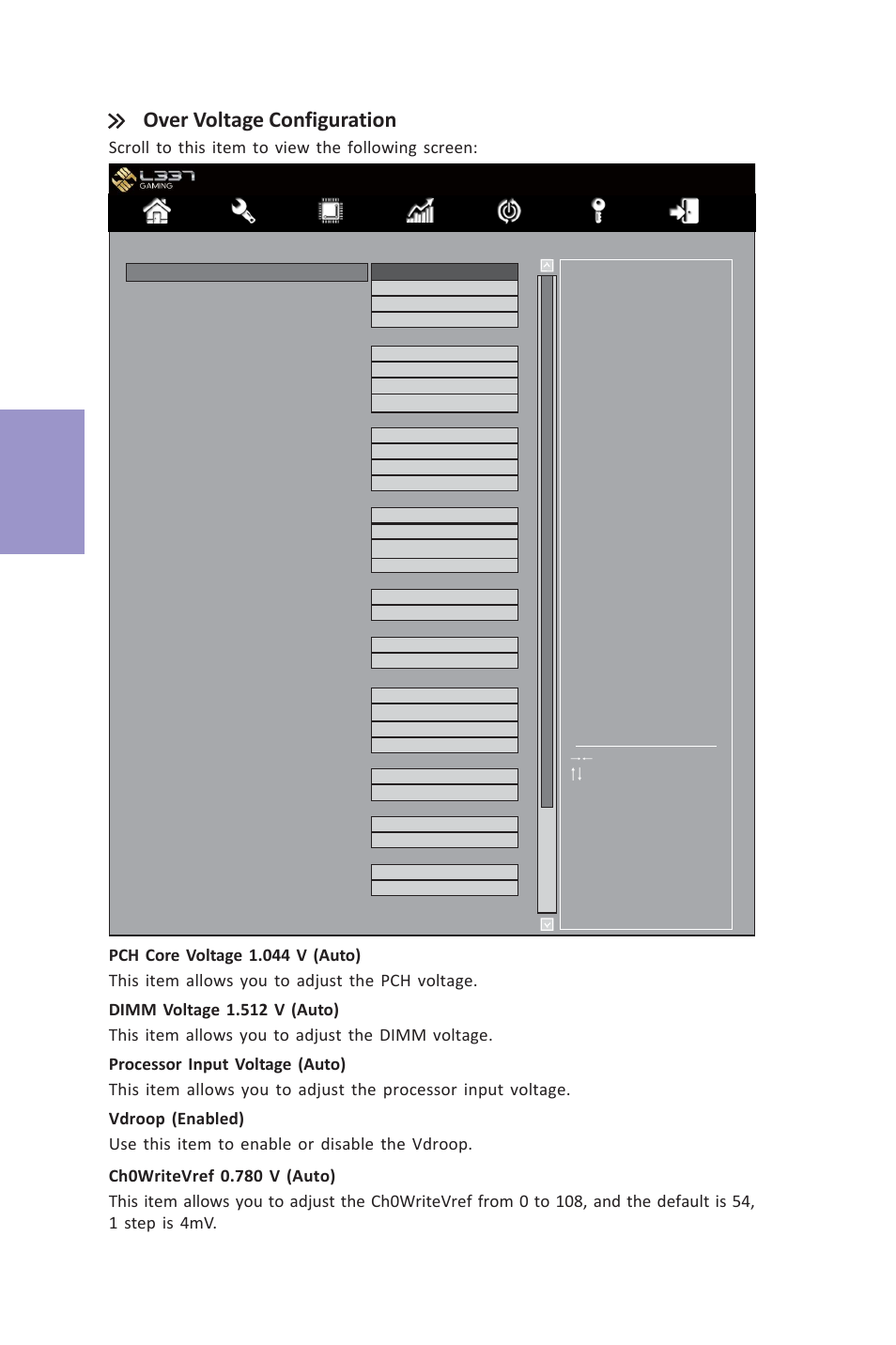 Z87h3-a3x user manual, Chapter 3, Over voltage configuration | Scroll to this item to view the following screen | Elitegroup Z87H3-A3X (V1.0) User Manual | Page 66 / 96