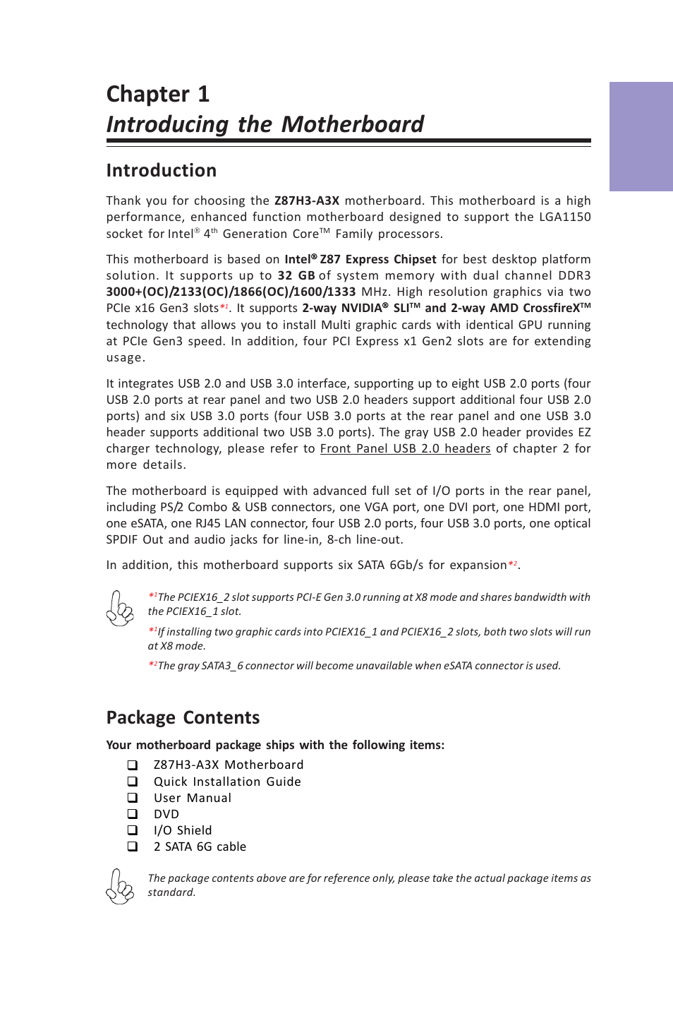 Chapter 1 introducing the motherboard, Z87h3-a3x, User manual | Chapter 1, Introduction, Package contents | Elitegroup Z87H3-A3X (V1.0) User Manual | Page 7 / 96