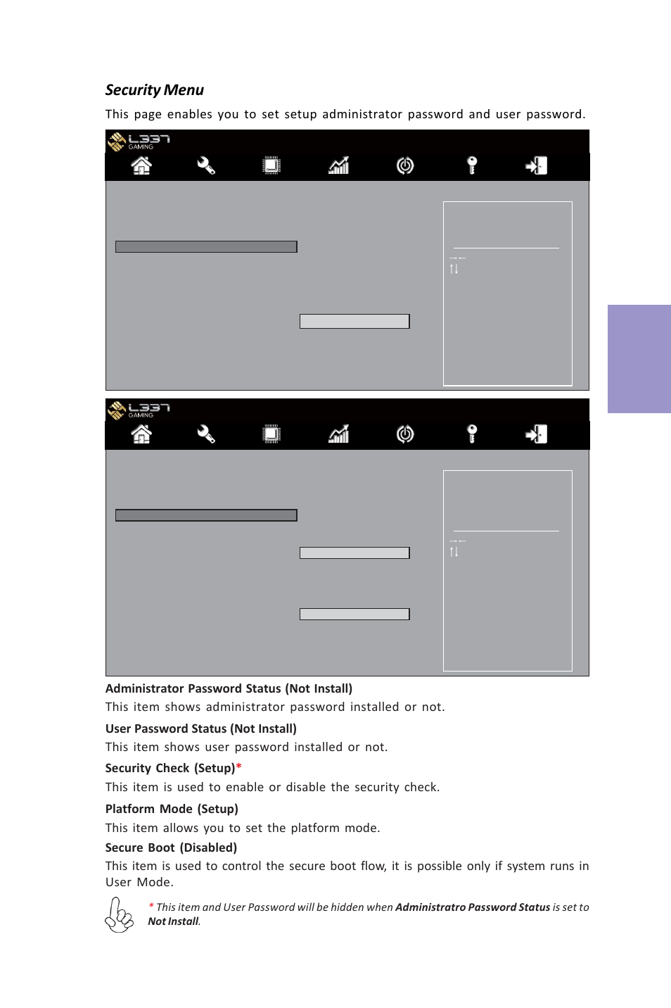 Z87h3-a3x user manual, Chapter 3, Security menu | Elitegroup Z87H3-A3X (V1.0) User Manual | Page 71 / 96