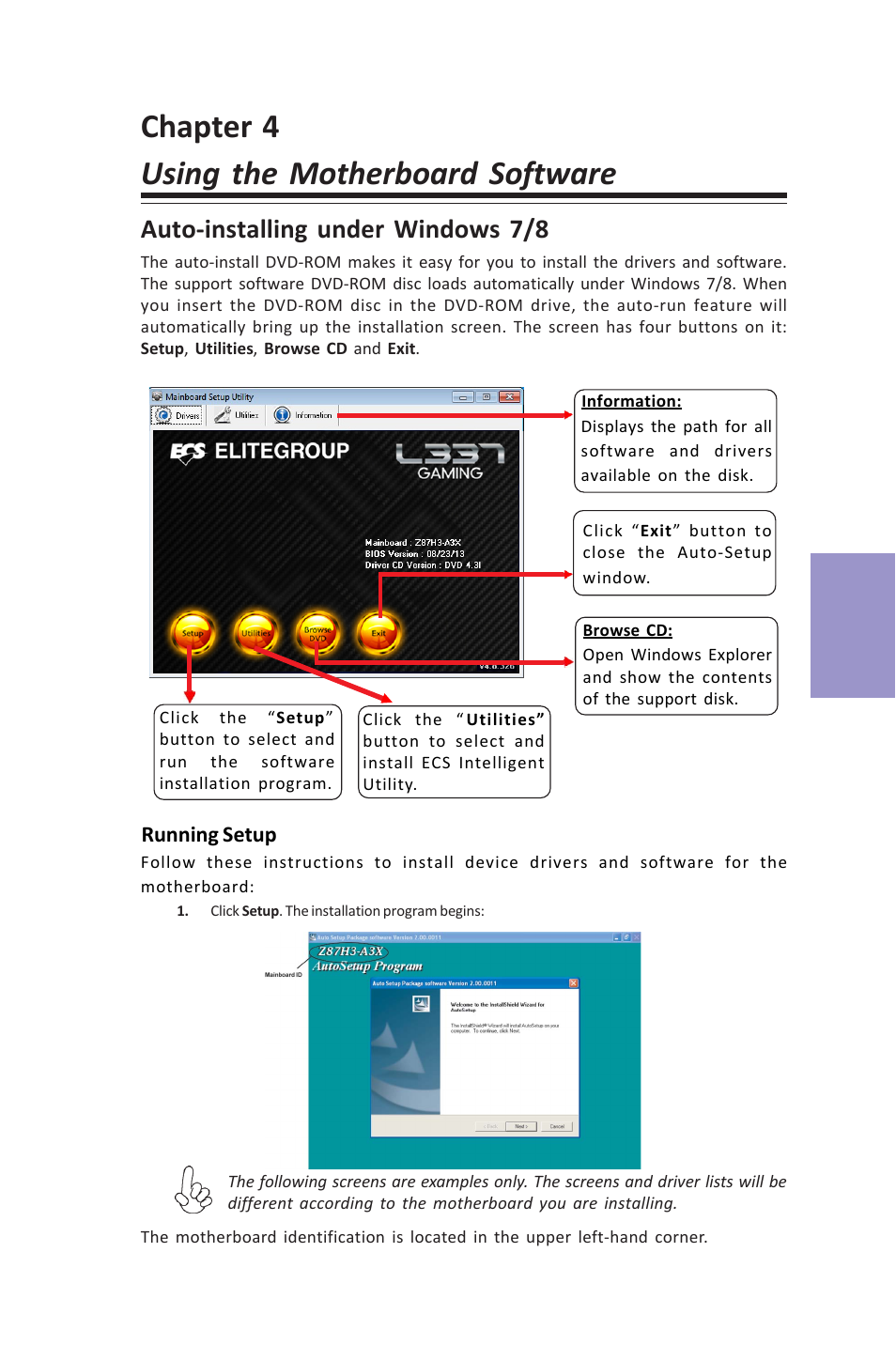 Chapter 4 using the motherboard software, Z87h3-a3x user manual, Chapter 4 | Auto-installing under windows 7/8 | Elitegroup Z87H3-A3X (V1.0) User Manual | Page 75 / 96