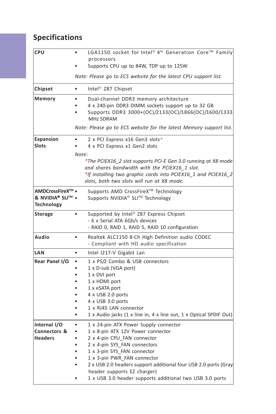 Z87h3-a3x, User manual, Chapter 1 | Specifications | Elitegroup Z87H3-A3X (V1.0) User Manual | Page 8 / 96