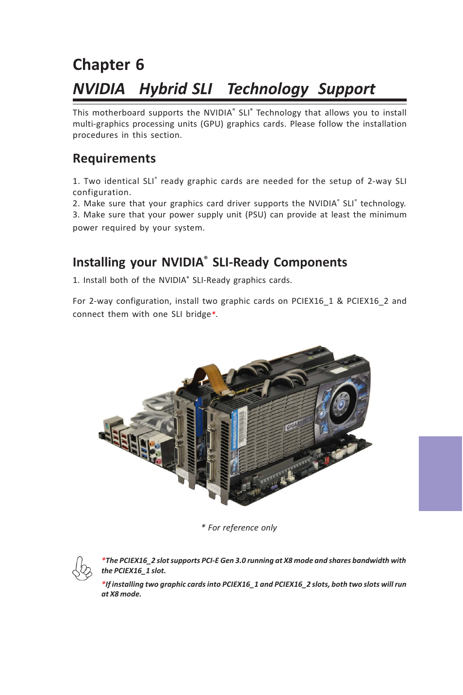 Chapter 6 nvidia, Hybrid sli, Technology support | Z87h3-a3x user manual, Chapter 6, Requirements, Installing your nvidia, Sli-ready components | Elitegroup Z87H3-A3X (V1.0) User Manual | Page 83 / 96
