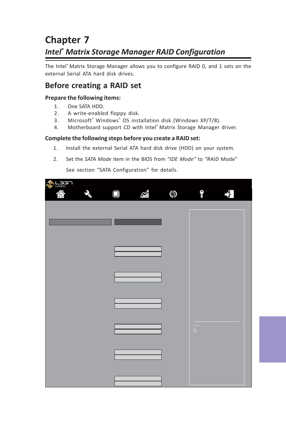 Z87h3-a3x user manual, Chapter 7, Intel | Matrix storage manager raid configuration, Before creating a raid set | Elitegroup Z87H3-A3X (V1.0) User Manual | Page 87 / 96