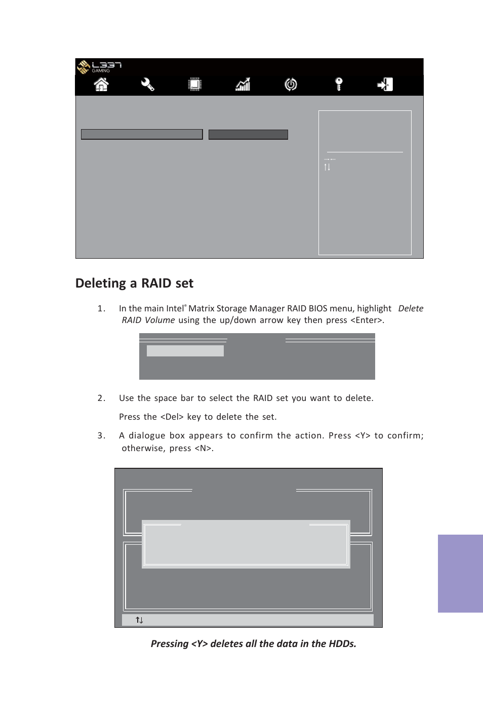 Z87h3-a3x user manual, Chapter 7, Deleting a raid set | Pressing <y> deletes all the data in the hdds | Elitegroup Z87H3-A3X (V1.0) User Manual | Page 91 / 96