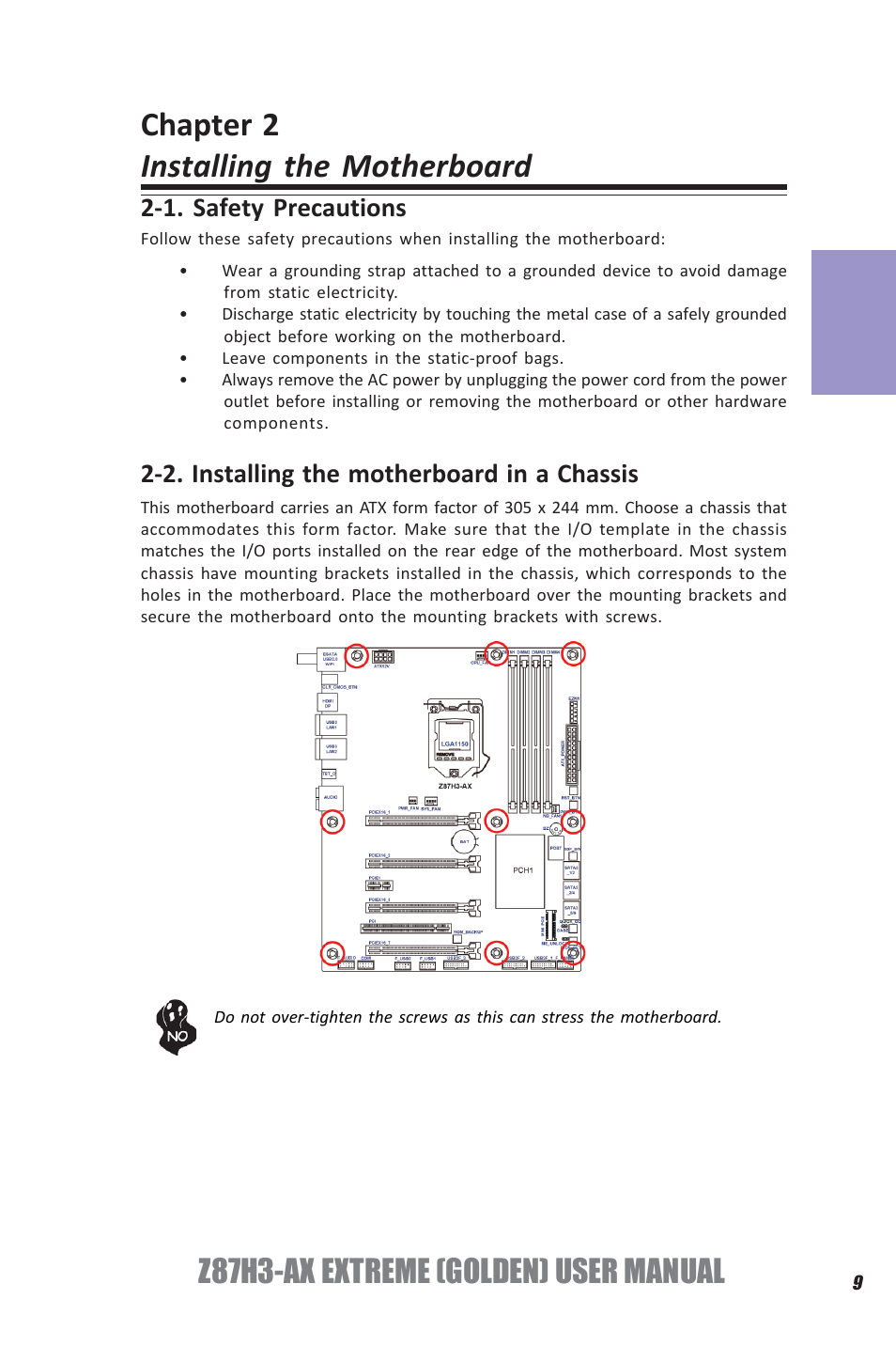 Chapter 2 installing the motherboard, Z87h3-ax extreme (golden) user manual, Chapter 2 | Elitegroup Z87H3-AX GOLDEN (V1.0) User Manual | Page 15 / 104