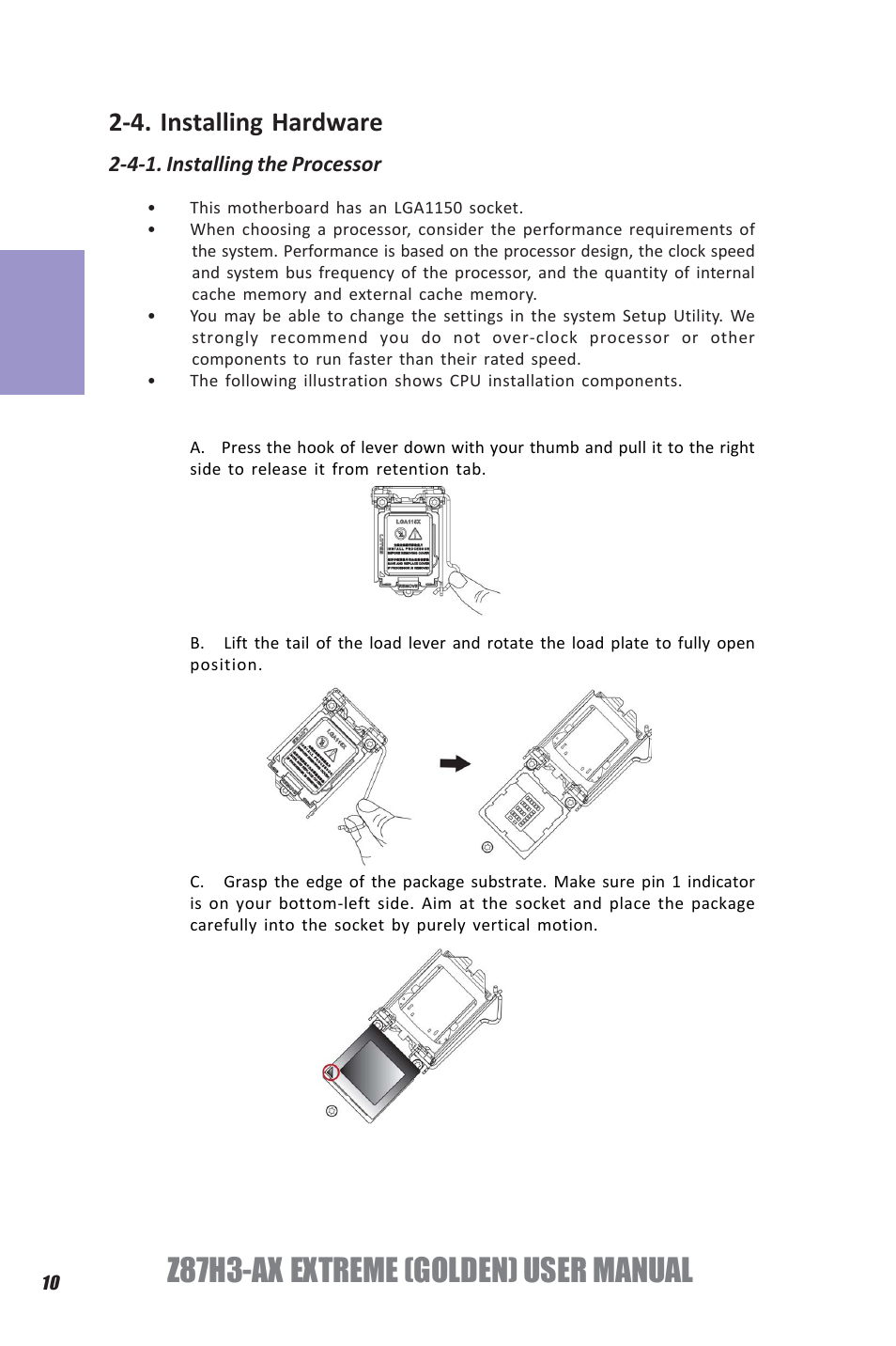 Z87h3-ax extreme (golden) user manual, Chapter 2, 4. installing hardware | Elitegroup Z87H3-AX GOLDEN (V1.0) User Manual | Page 16 / 104