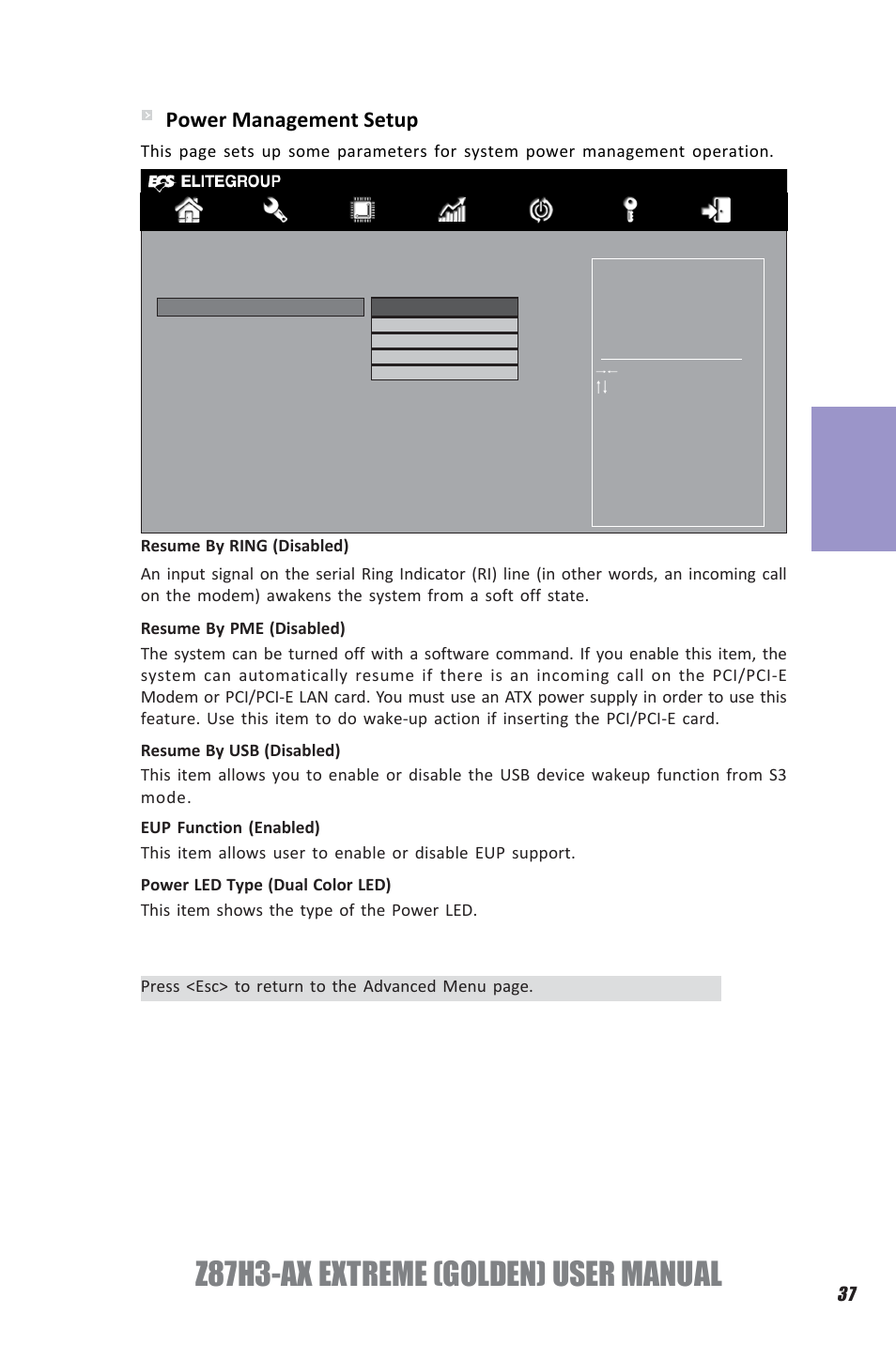 Z87h3-ax extreme (golden) user manual, Chapter 3, Power management setup | Elitegroup Z87H3-AX GOLDEN (V1.0) User Manual | Page 43 / 104