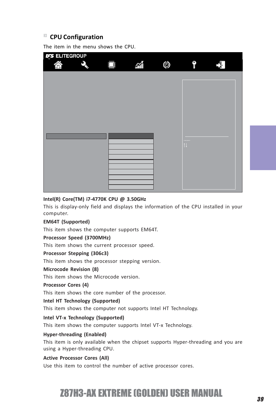 Z87h3-ax extreme (golden) user manual, Chapter 3, Cpu configuration | Elitegroup Z87H3-AX GOLDEN (V1.0) User Manual | Page 45 / 104