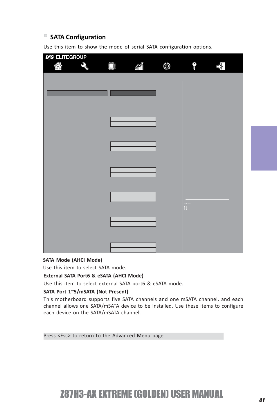 Z87h3-ax extreme (golden) user manual, Chapter 3, Sata configuration | Elitegroup Z87H3-AX GOLDEN (V1.0) User Manual | Page 47 / 104