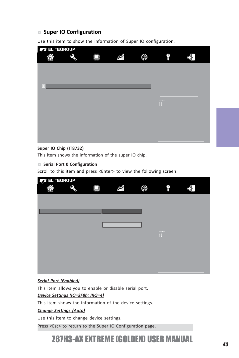 Z87h3-ax extreme (golden) user manual, Chapter 3, Super io configuration | Elitegroup Z87H3-AX GOLDEN (V1.0) User Manual | Page 49 / 104
