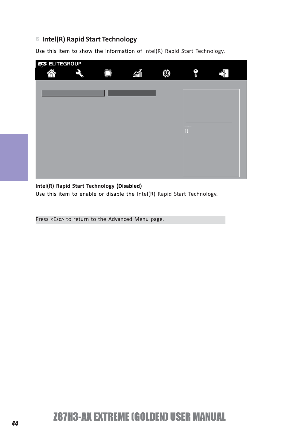 Z87h3-ax extreme (golden) user manual, Chapter 3, Intel(r) rapid start technology | Elitegroup Z87H3-AX GOLDEN (V1.0) User Manual | Page 50 / 104
