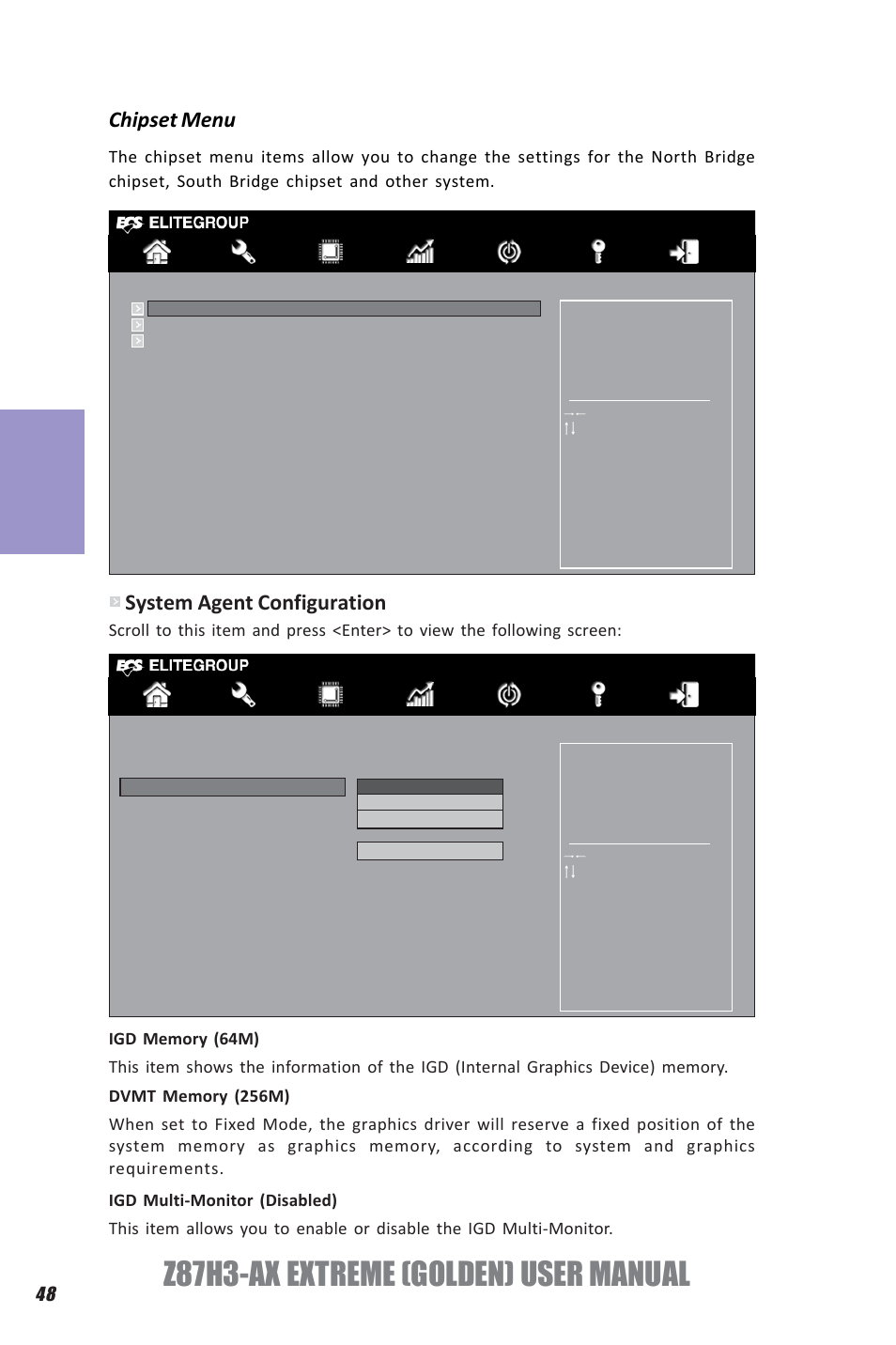 Z87h3-ax extreme (golden) user manual, Chapter 3, Chipset menu | System agent configuration | Elitegroup Z87H3-AX GOLDEN (V1.0) User Manual | Page 54 / 104