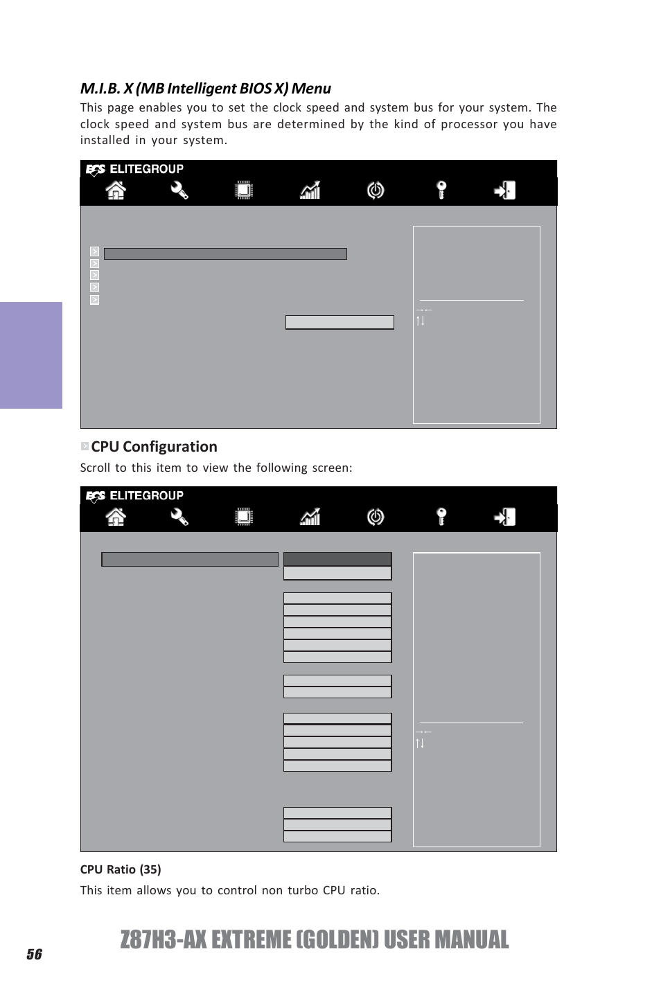 Z87h3-ax extreme (golden) user manual, Chapter 3, M.i.b. x (mb intelligent bios x) menu | Cpu configuration, Scroll to this item to view the following screen | Elitegroup Z87H3-AX GOLDEN (V1.0) User Manual | Page 62 / 104
