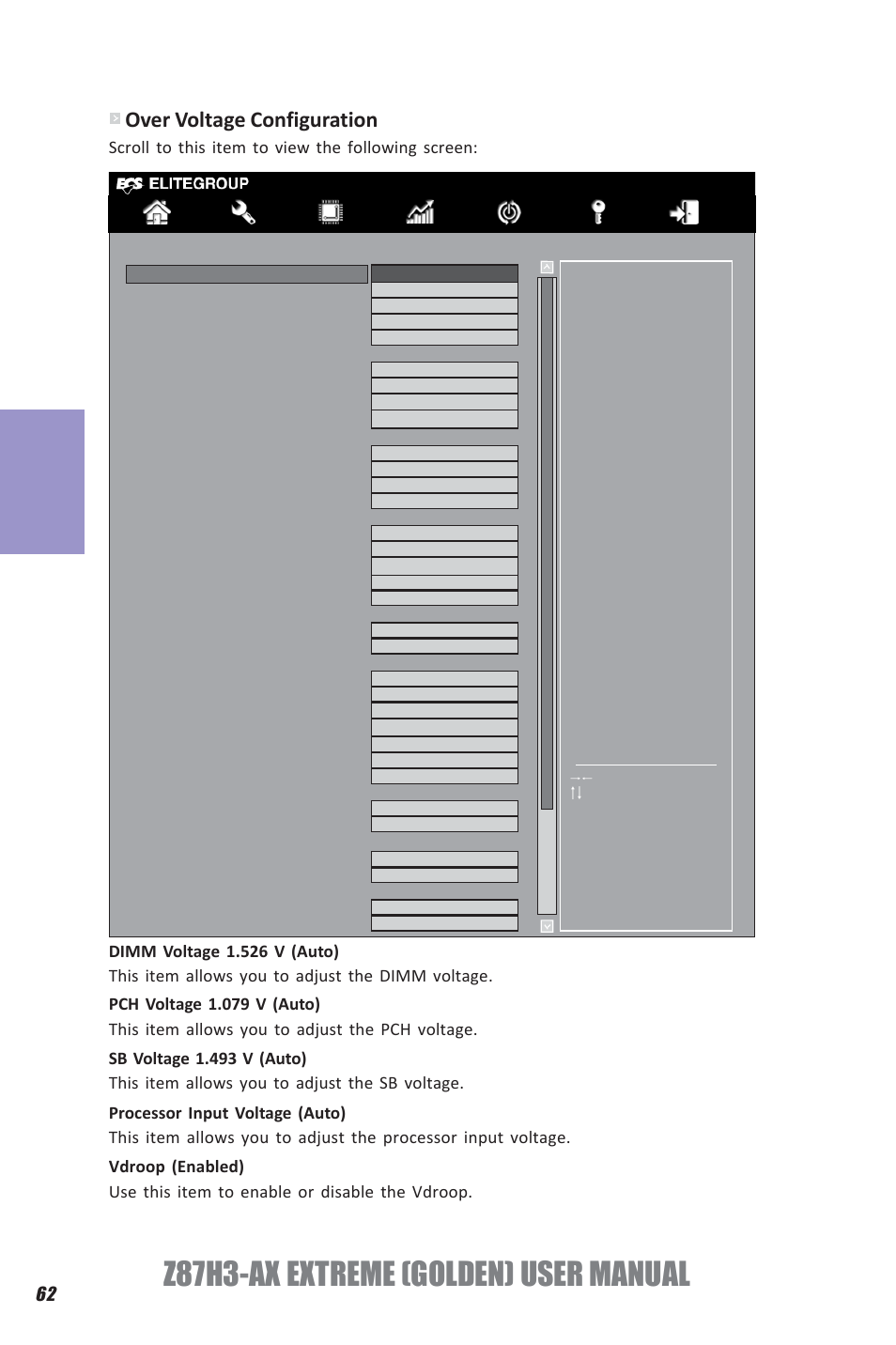 Z87h3-ax extreme (golden) user manual, Chapter 3, Over voltage configuration | Scroll to this item to view the following screen | Elitegroup Z87H3-AX GOLDEN (V1.0) User Manual | Page 68 / 104