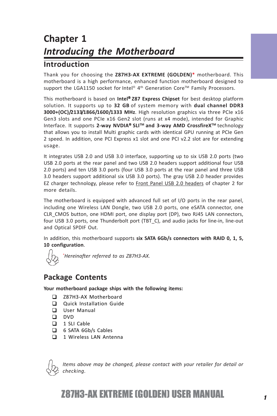 Chapter 1 introducing the motherboard, Z87h3-ax extreme (golden) user manual, Chapter 1 | Introduction, Package contents | Elitegroup Z87H3-AX GOLDEN (V1.0) User Manual | Page 7 / 104