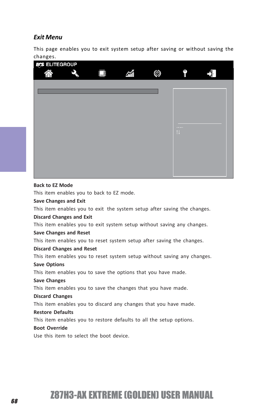 Z87h3-ax extreme (golden) user manual, Chapter 3, Exit menu | Elitegroup Z87H3-AX GOLDEN (V1.0) User Manual | Page 74 / 104