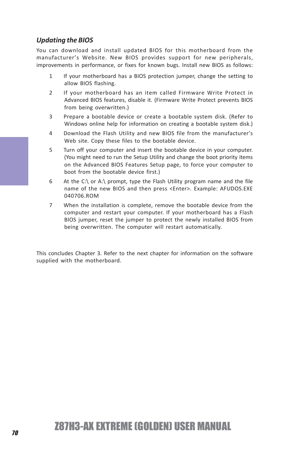 Z87h3-ax extreme (golden) user manual, Chapter 3, Updating the bios | Elitegroup Z87H3-AX GOLDEN (V1.0) User Manual | Page 76 / 104