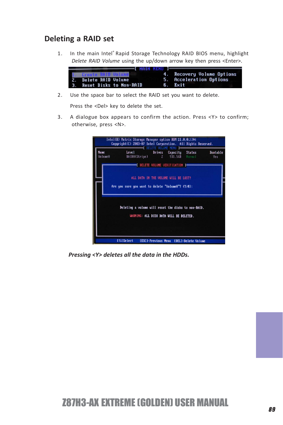 Z87h3-ax extreme (golden) user manual, Chapter 7, Deleting a raid set | Elitegroup Z87H3-AX GOLDEN (V1.0) User Manual | Page 95 / 104