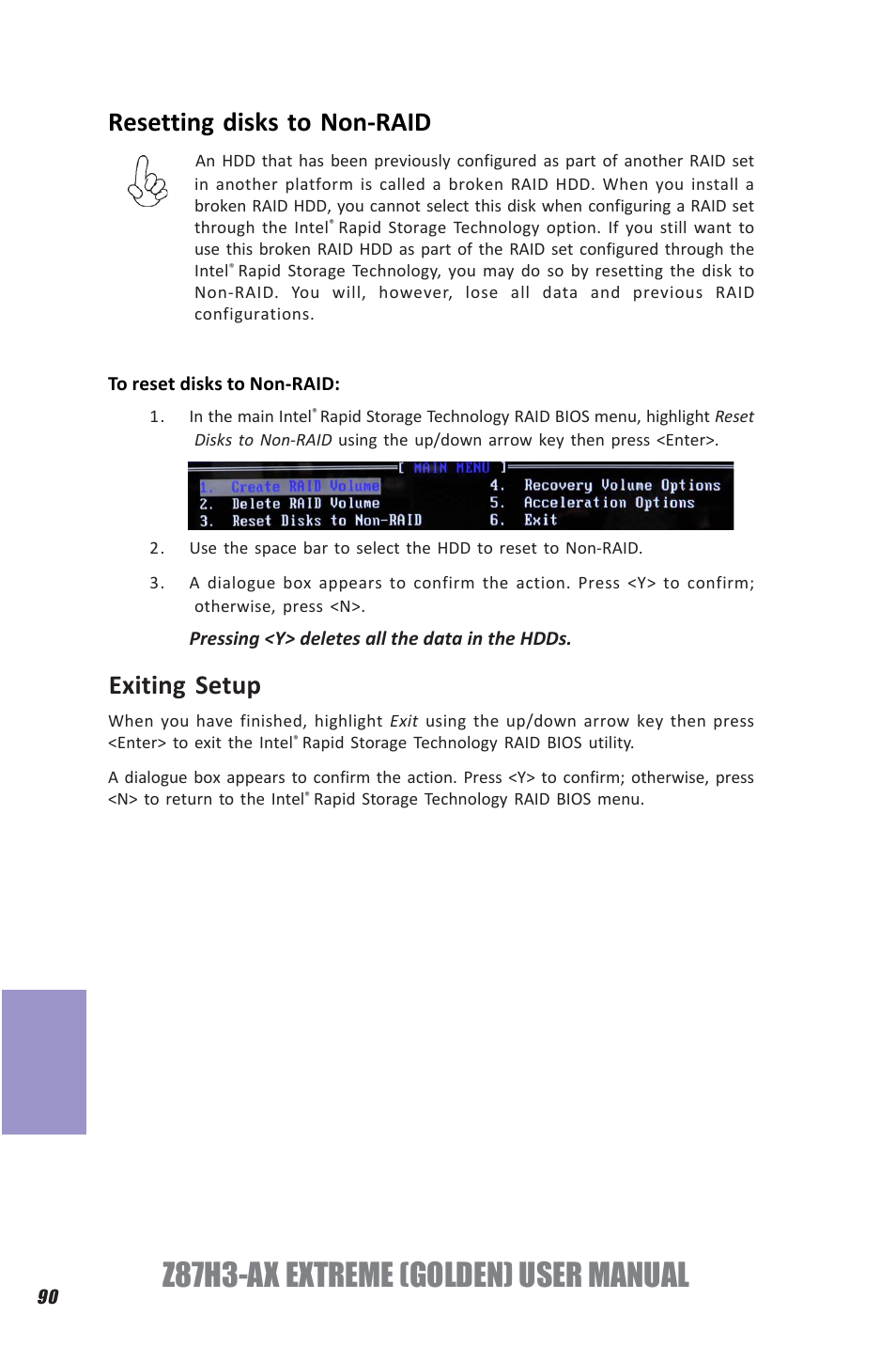 Z87h3-ax extreme (golden) user manual, Chapter 7, Resetting disks to non-raid | Exiting setup | Elitegroup Z87H3-AX GOLDEN (V1.0) User Manual | Page 96 / 104