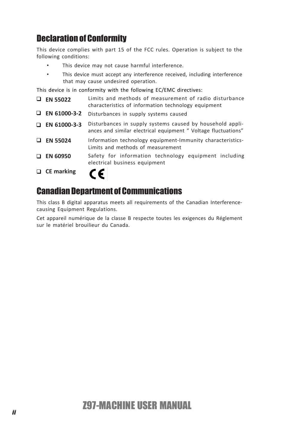 Z97-machine user manual, Declaration of conformity, Canadian department of communications | Elitegroup Z97-MACHINE (V1.0) User Manual | Page 2 / 90