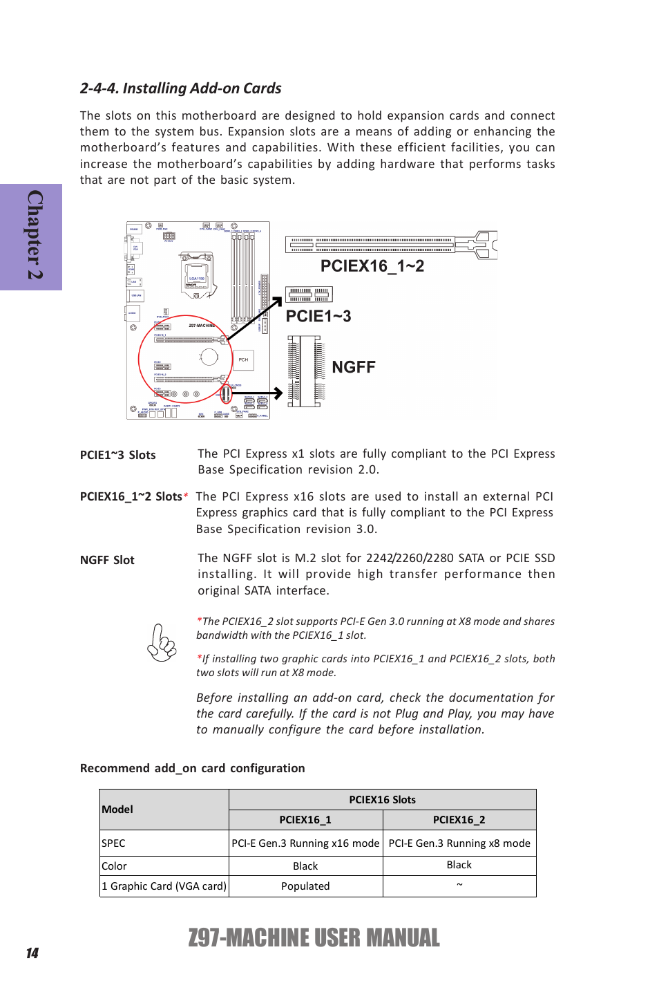 Z97-machine user manual, Chapter 2, 4-4. installing add-on cards | Elitegroup Z97-MACHINE (V1.0) User Manual | Page 20 / 90