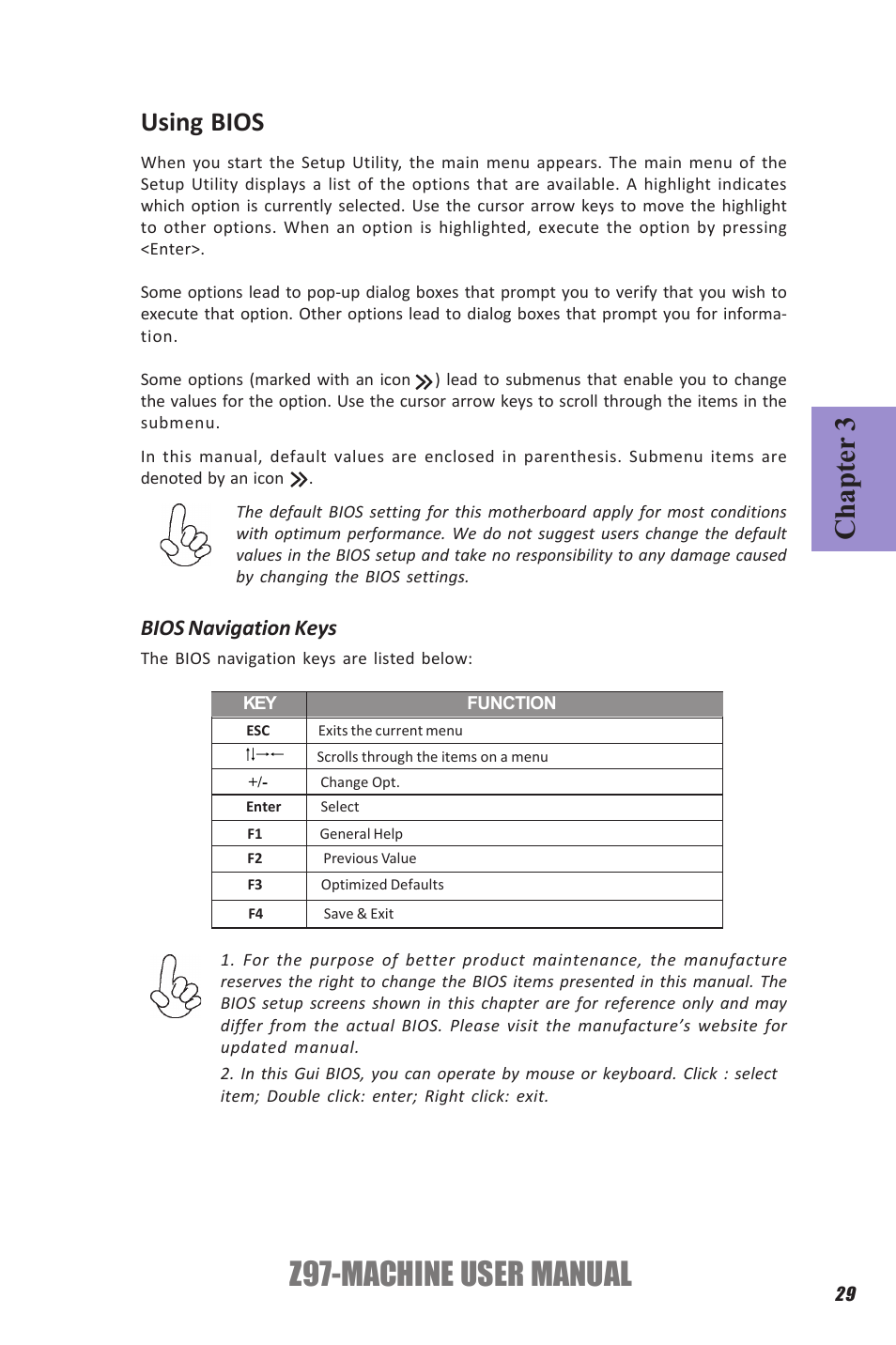 Z97-machine user manual, Chapter 3, Using bios | Bios navigation keys | Elitegroup Z97-MACHINE (V1.0) User Manual | Page 35 / 90