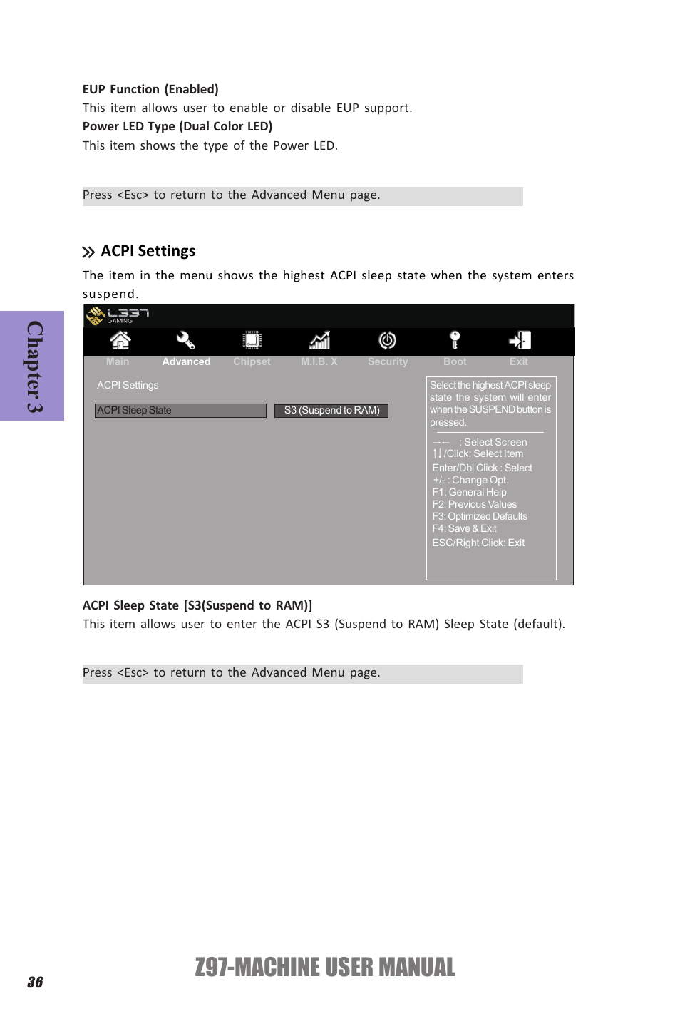 Z97-machine user manual, Chapter 3, Acpi settings | Elitegroup Z97-MACHINE (V1.0) User Manual | Page 42 / 90