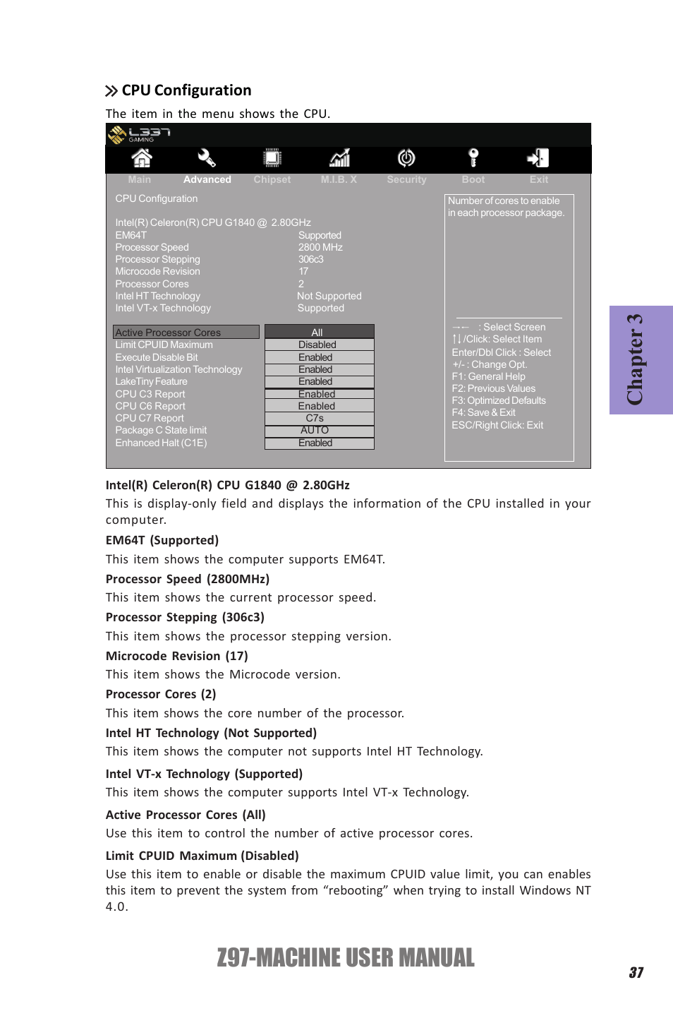 Z97-machine user manual, Chapter 3, Cpu configuration | Elitegroup Z97-MACHINE (V1.0) User Manual | Page 43 / 90