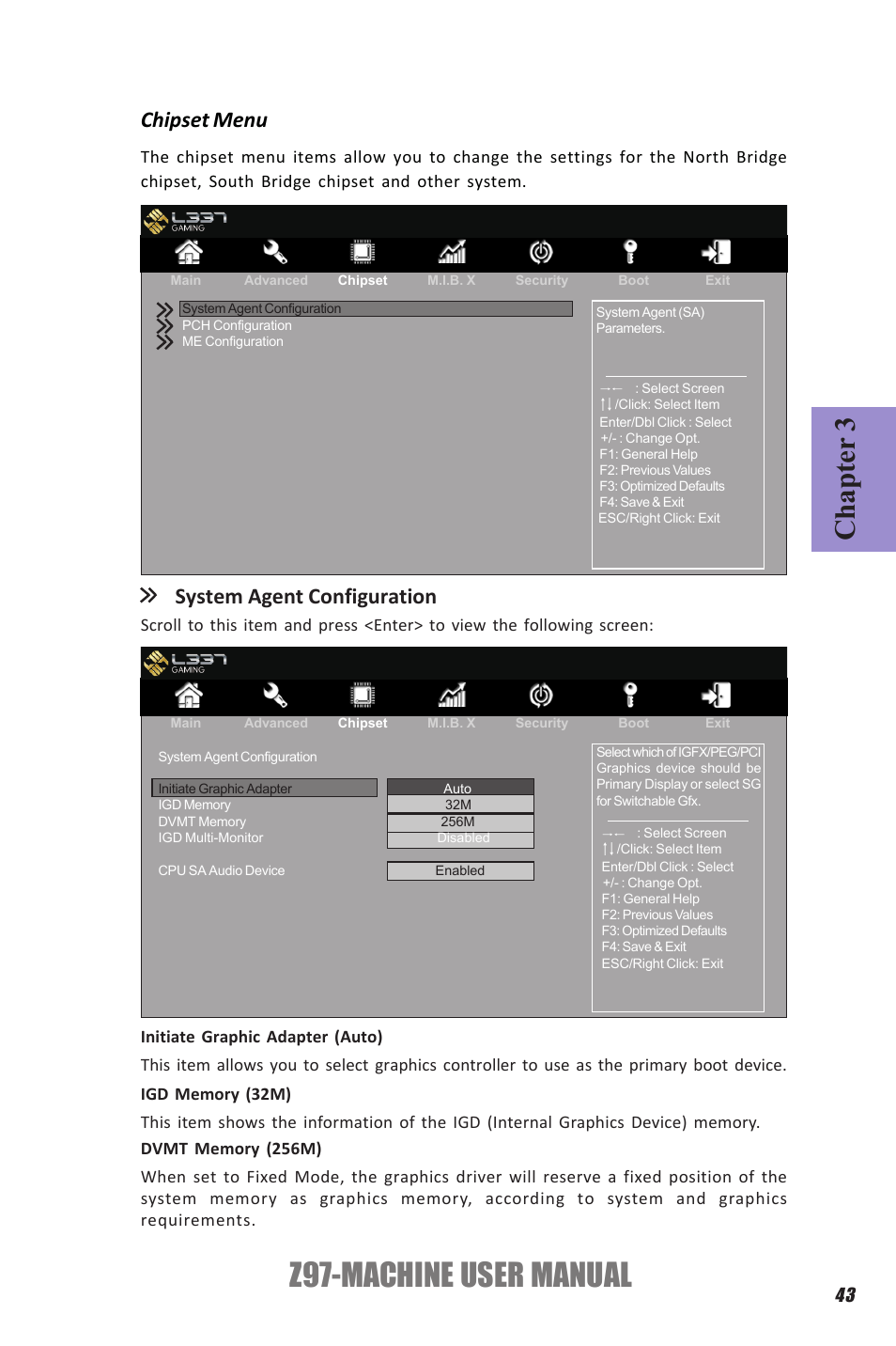 Z97-machine user manual, Chapter 3, Chipset menu | System agent configuration | Elitegroup Z97-MACHINE (V1.0) User Manual | Page 49 / 90