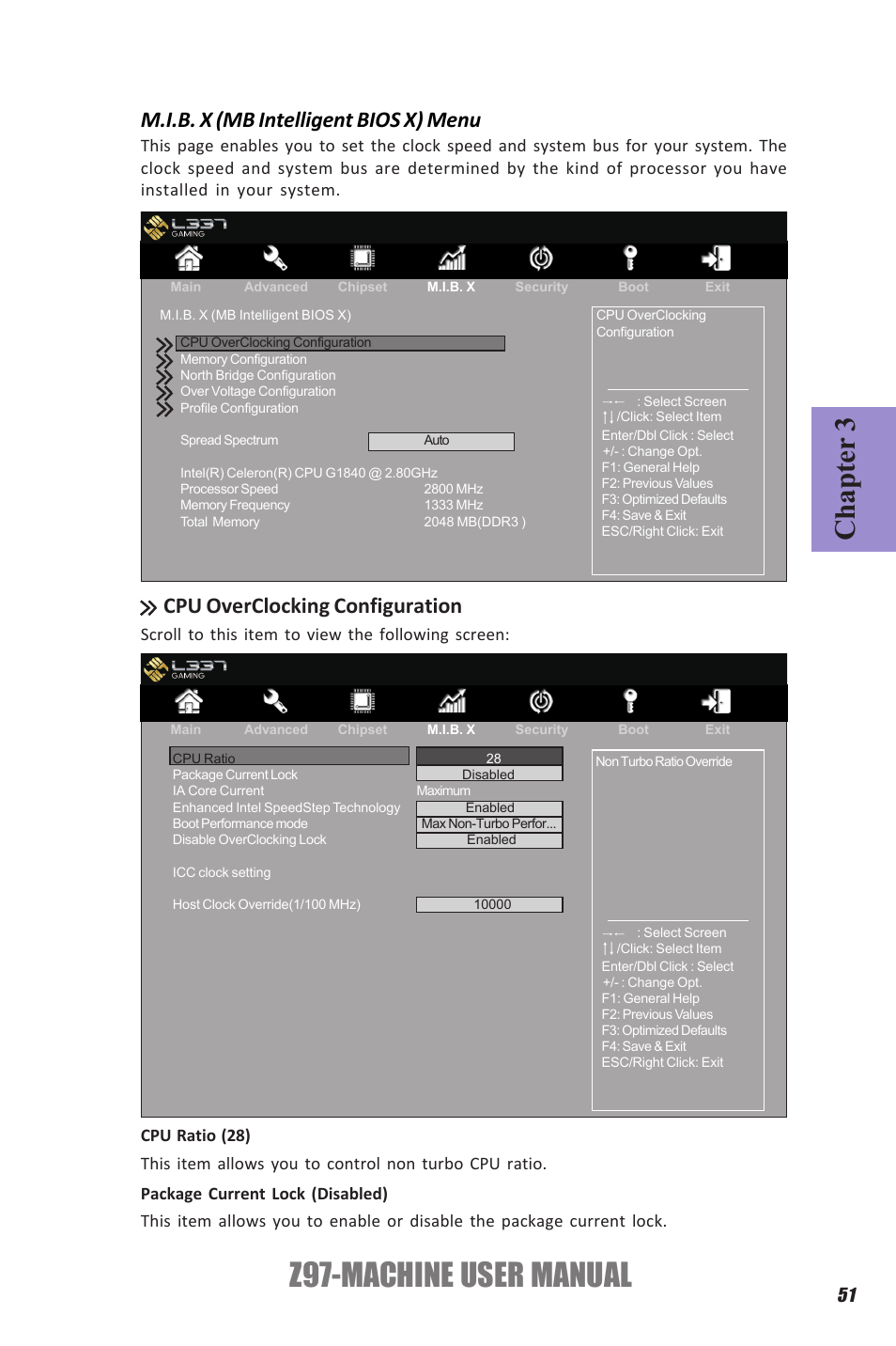 Z97-machine user manual, Chapter 3, M.i.b. x (mb intelligent bios x) menu | Cpu overclocking configuration, Scroll to this item to view the following screen | Elitegroup Z97-MACHINE (V1.0) User Manual | Page 57 / 90