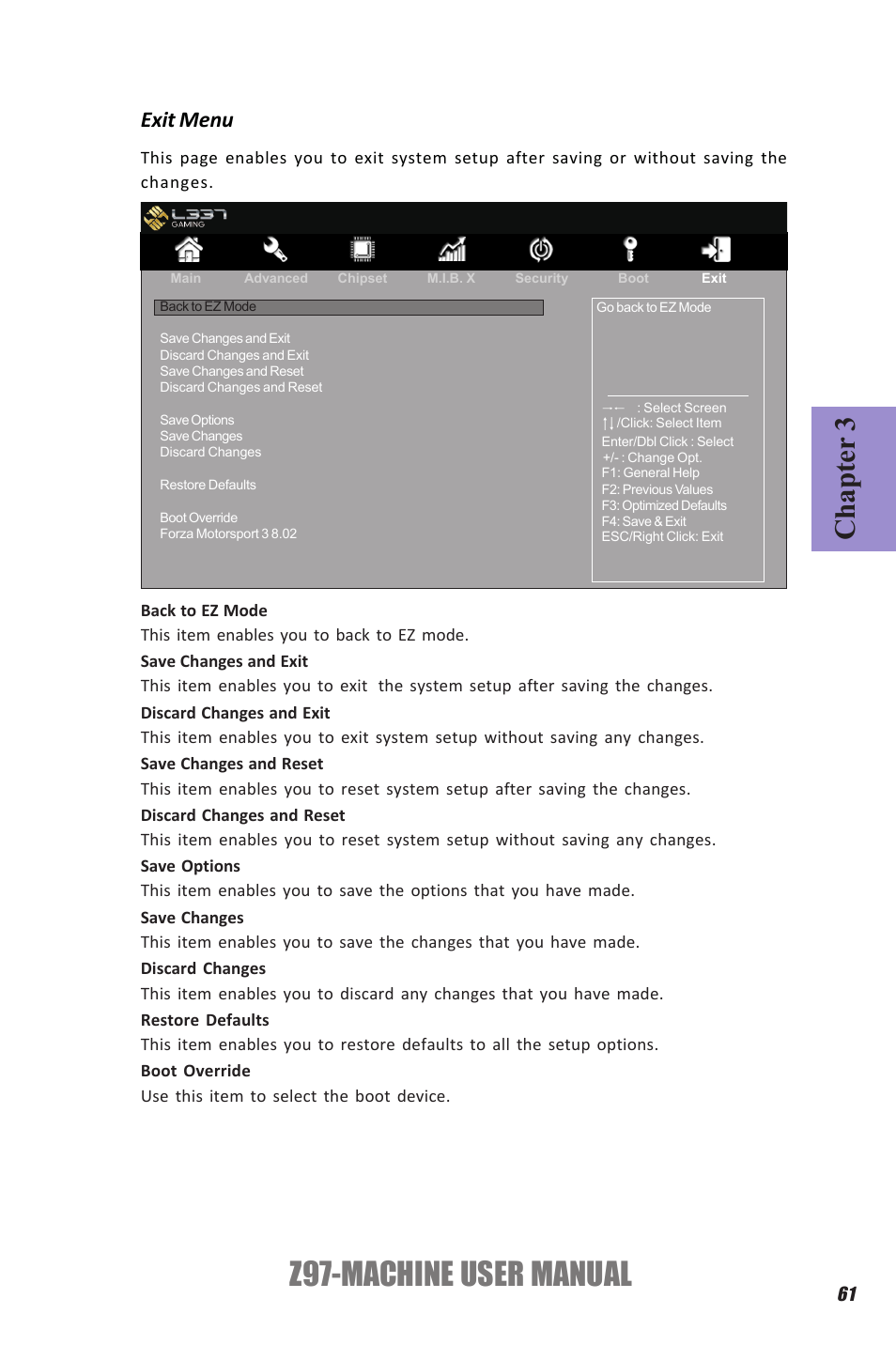 Z97-machine user manual, Chapter 3, Exit menu | Elitegroup Z97-MACHINE (V1.0) User Manual | Page 67 / 90