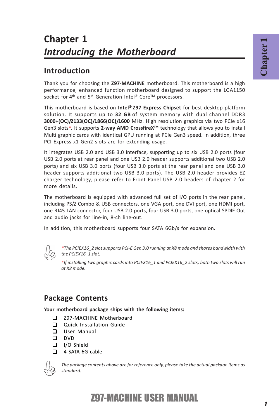 Chapter 1 introducing the motherboard, Z97-machine, User manual | Chapter 1, Introduction, Package contents | Elitegroup Z97-MACHINE (V1.0) User Manual | Page 7 / 90