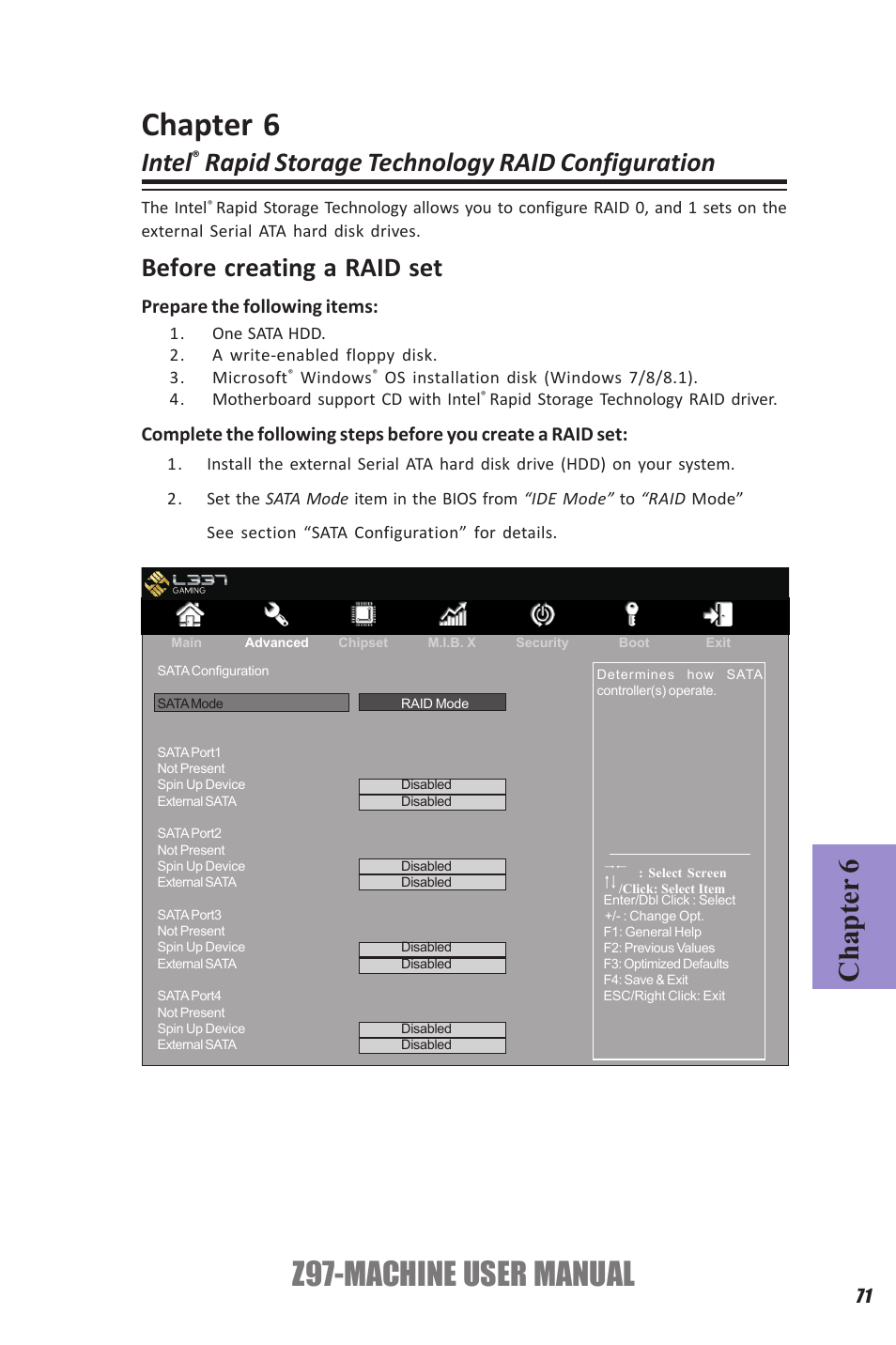 Z97-machine user manual, Chapter 6, Intel | Rapid storage technology raid configuration, Before creating a raid set | Elitegroup Z97-MACHINE (V1.0) User Manual | Page 77 / 90