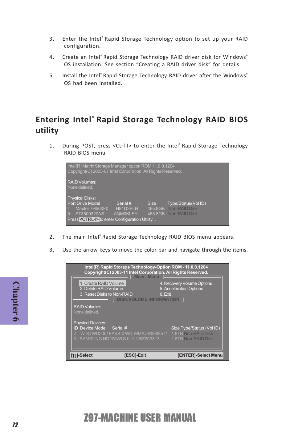 Z97-machine user manual, Chapter 6, Entering intel | Rapid storage technology raid bios utility | Elitegroup Z97-MACHINE (V1.0) User Manual | Page 78 / 90