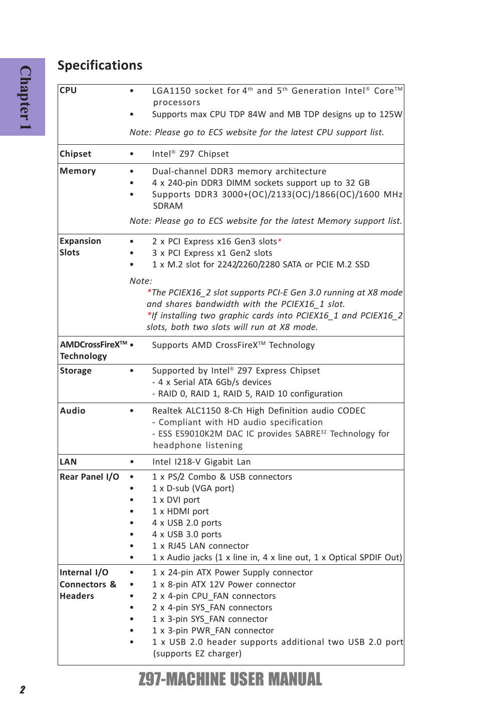 Z97-machine, User manual, Chapter 1 | Specifications | Elitegroup Z97-MACHINE (V1.0) User Manual | Page 8 / 90