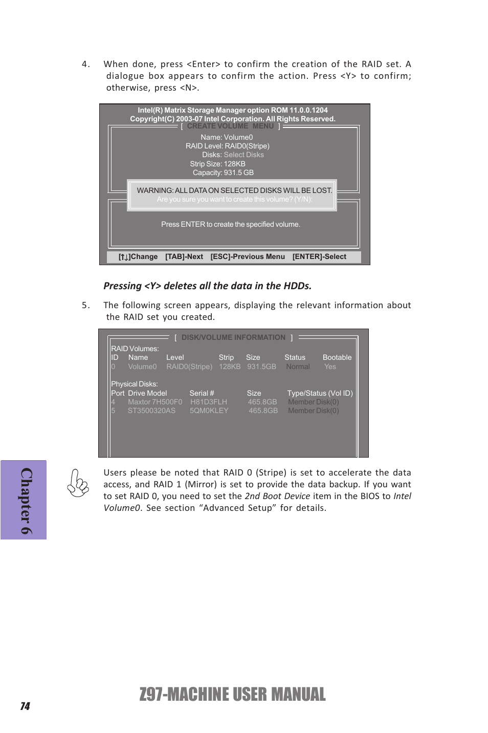 Z97-machine user manual, Chapter 6, Pressing <y> deletes all the data in the hdds | Elitegroup Z97-MACHINE (V1.0) User Manual | Page 80 / 90