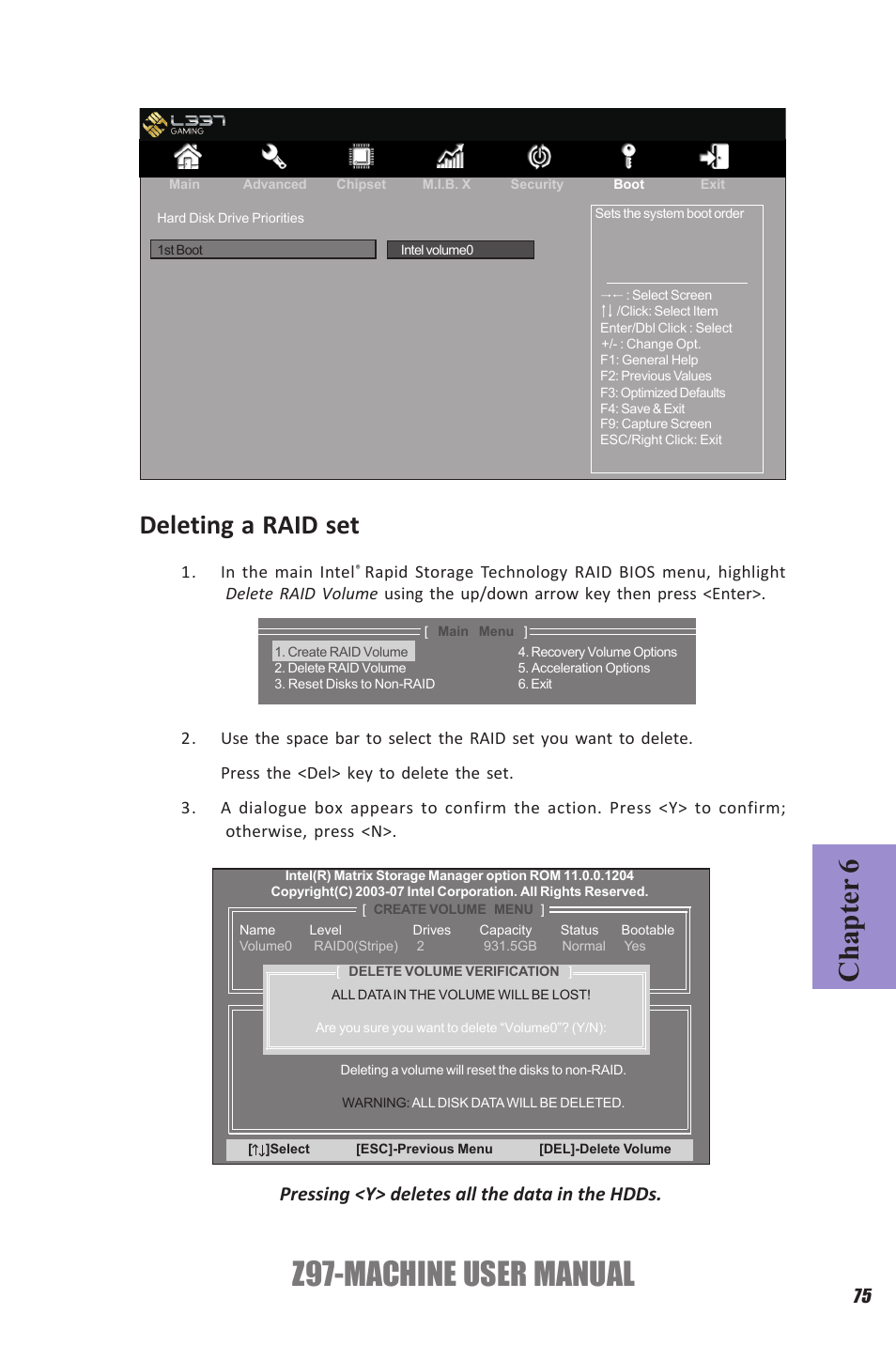 Z97-machine user manual, Chapter 6, Deleting a raid set | Pressing <y> deletes all the data in the hdds | Elitegroup Z97-MACHINE (V1.0) User Manual | Page 81 / 90