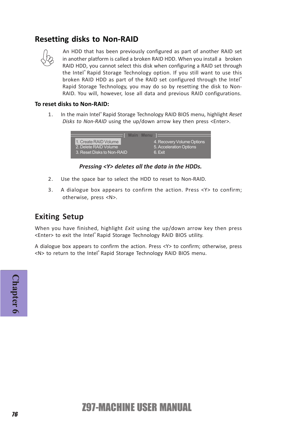 Z97-machine user manual, Chapter 6, Resetting disks to non-raid | Exiting setup | Elitegroup Z97-MACHINE (V1.0) User Manual | Page 82 / 90