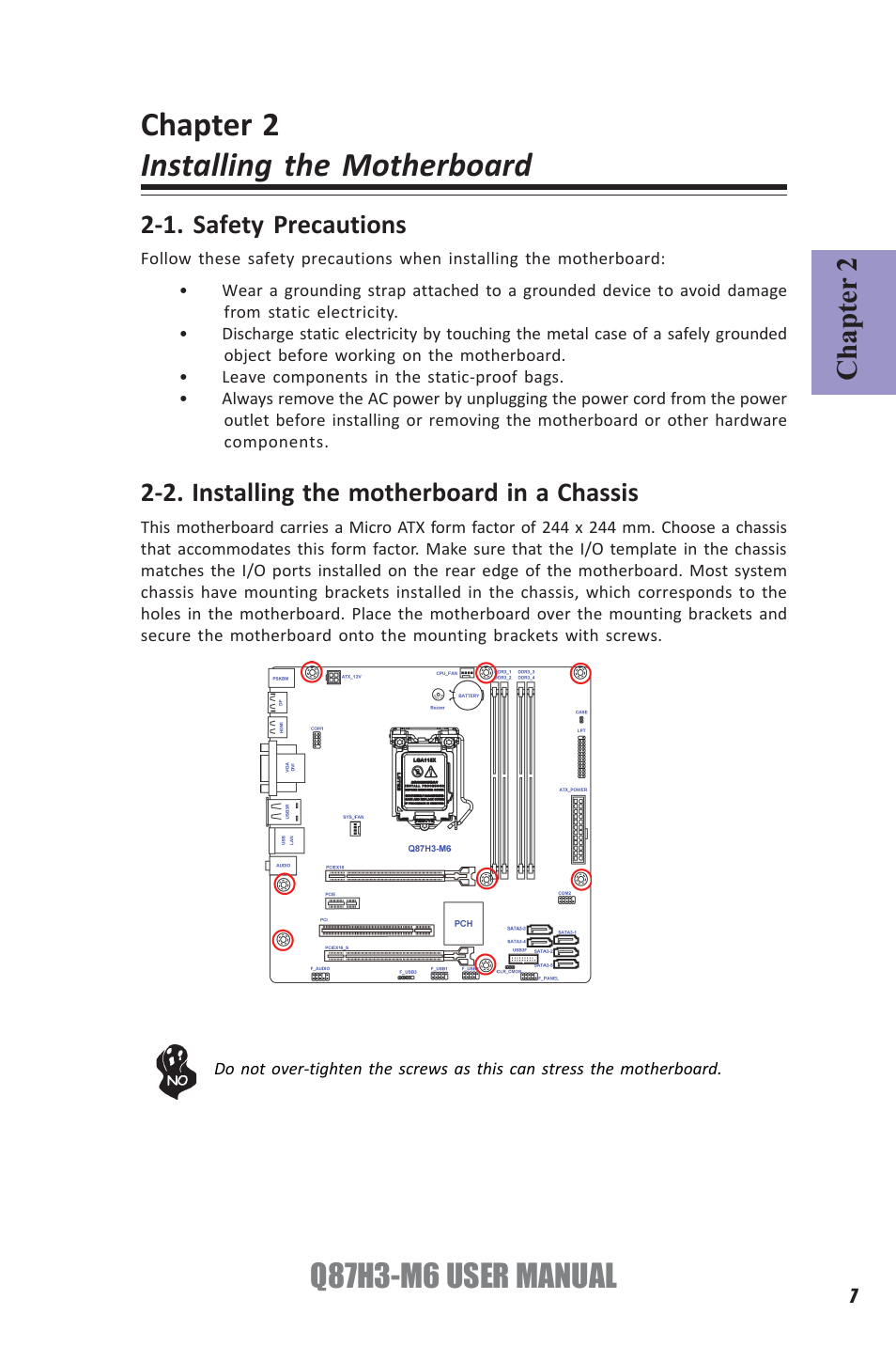 Chapter 2 installing the motherboard, Q87h3-m6 user manual, Chapter 2 | Elitegroup Q87H3-M6 (V1.0) User Manual | Page 11 / 60
