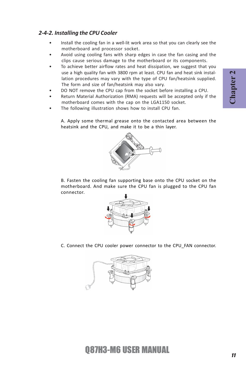 Q87h3-m6 user manual, Chapter 2, 4-2. installing the cpu cooler | Elitegroup Q87H3-M6 (V1.0) User Manual | Page 15 / 60